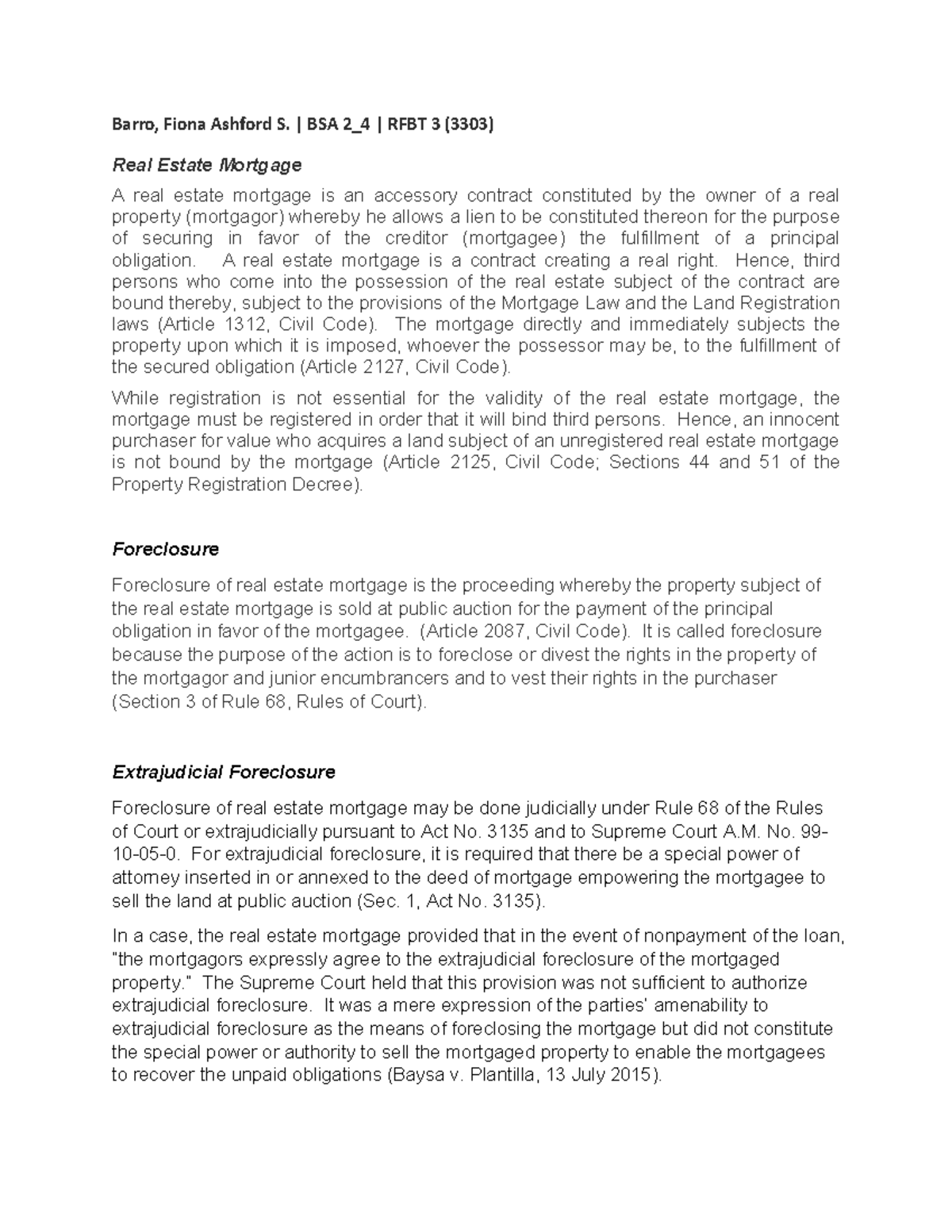 RFBT 3 Final Assignment #1: Overview of Real Estate Mortgage Laws - Studocu