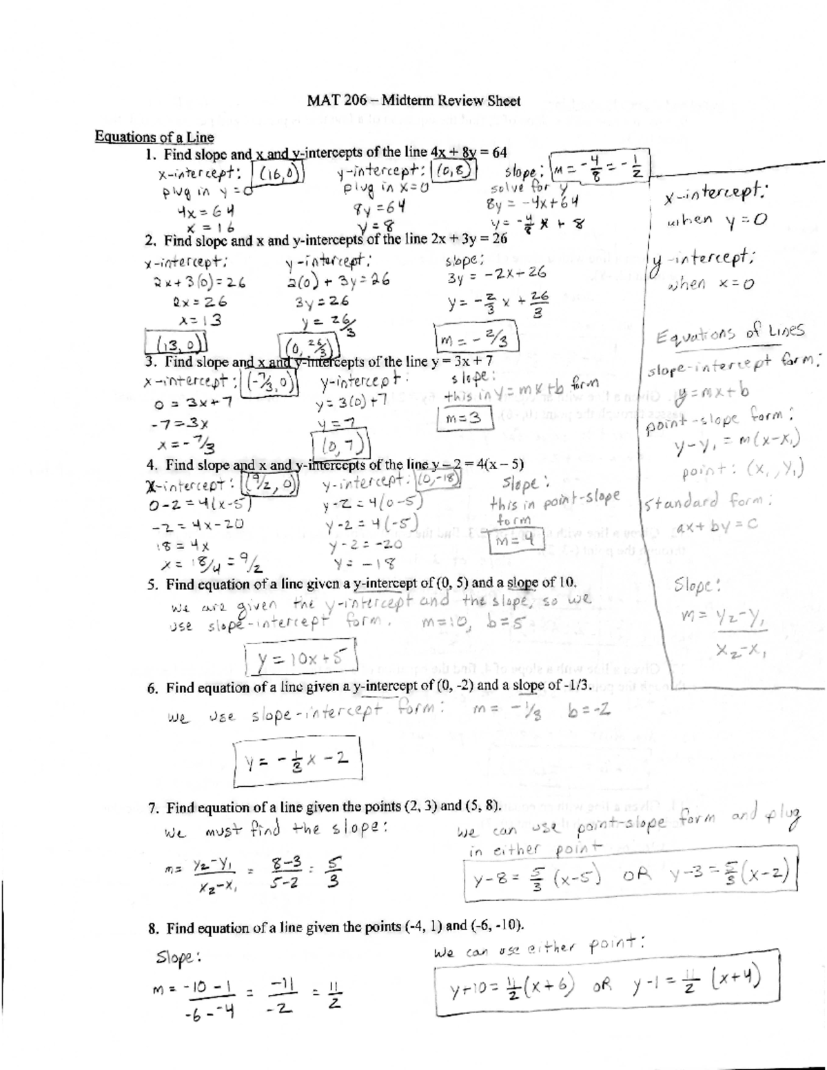 MAT 206 Midterm Review Sheet Solutions and Key Concepts - Studocu