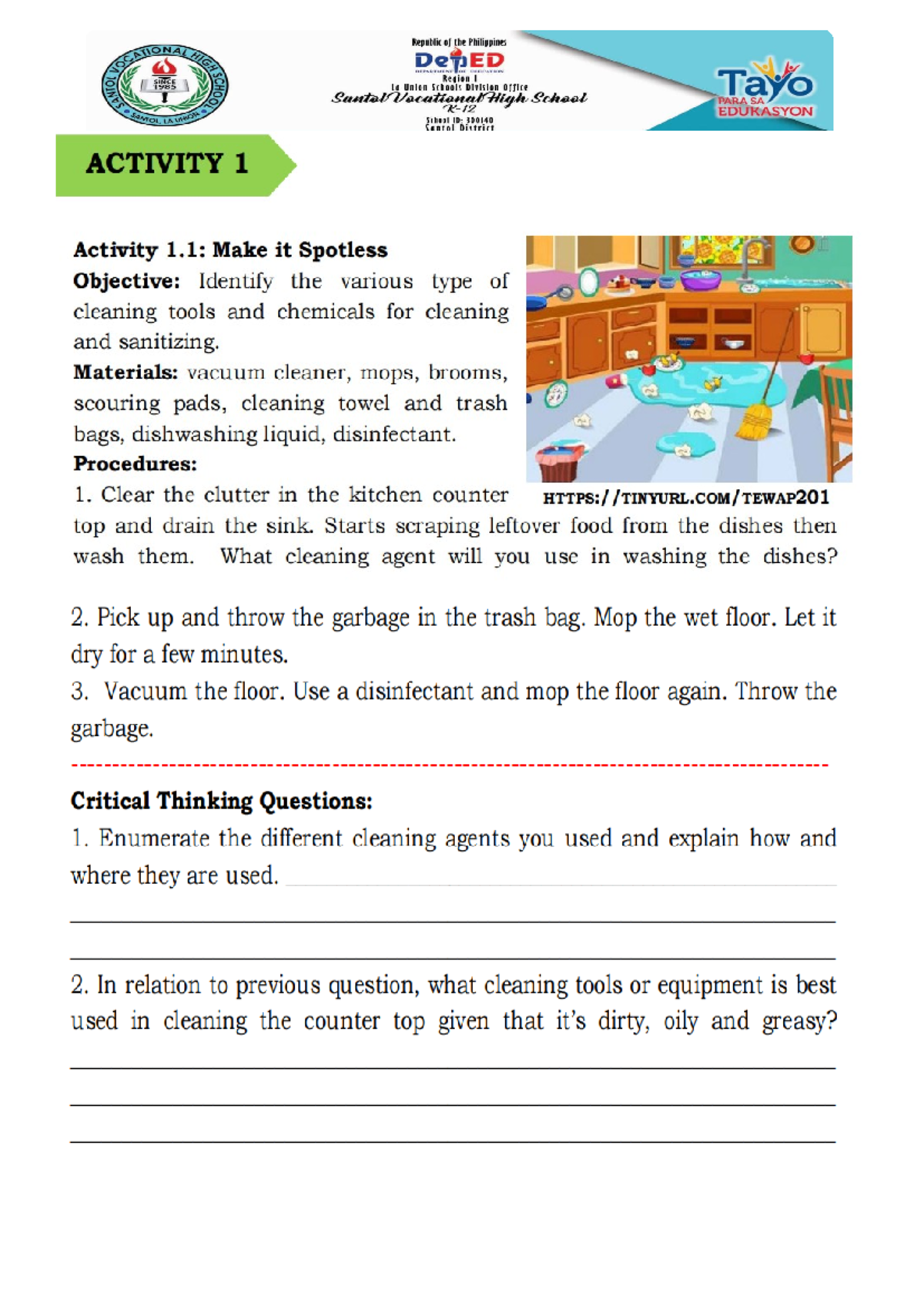 PT 1 - Performance Task: Make It Spotless Cleaning Activity - Studocu