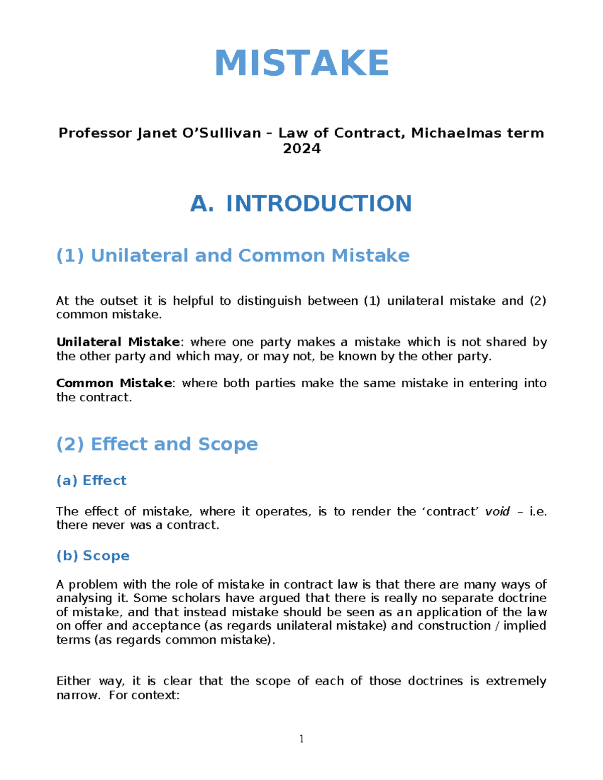 MISTAKE in Contract Law: Unilateral & Common Mistakes - CL 2024 - Studocu