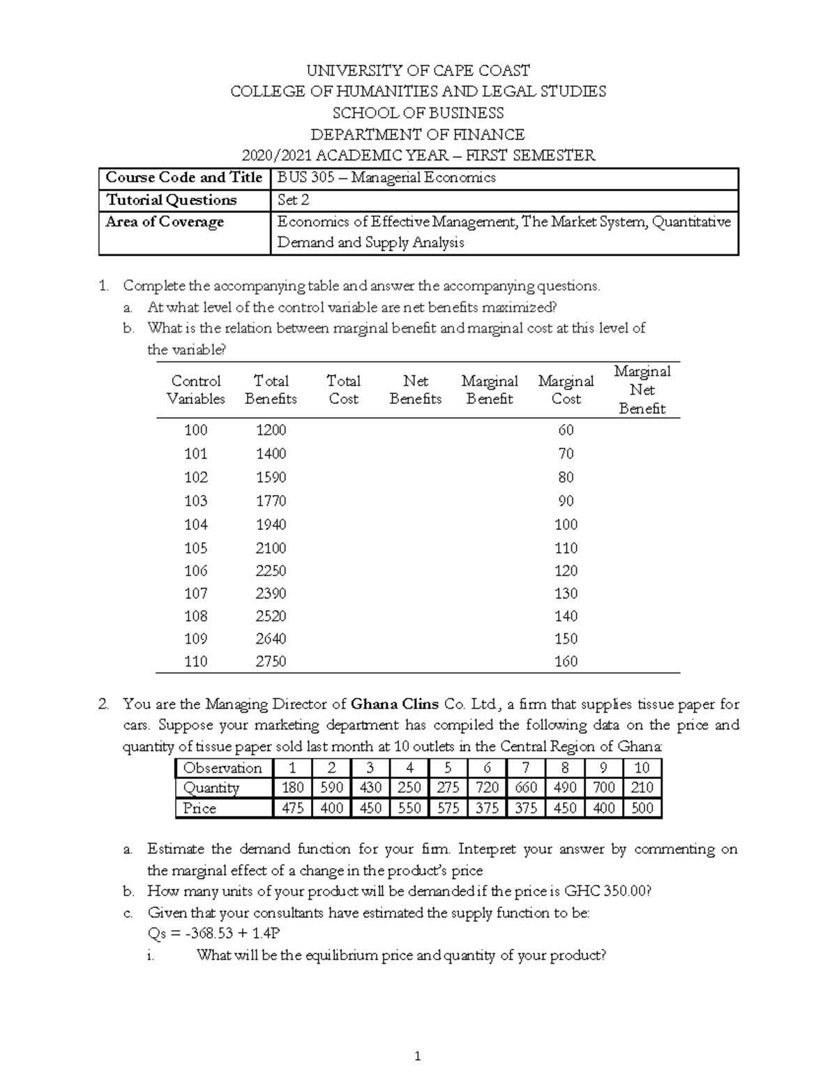 Tutorial set 2 - QUESTIONS UNDER MANAGERIAL ECONOMICS - UNIVERSITY OF ...