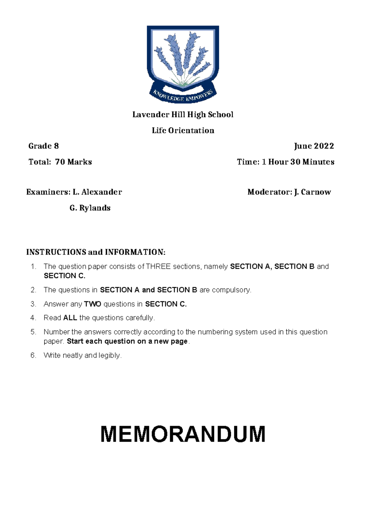 Grade 8 Life Orientation June 2022 Exam Memo (Total: 70 Marks) - Studocu
