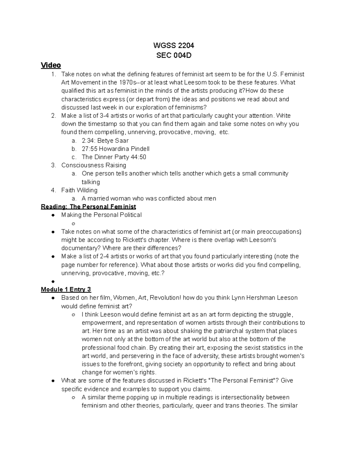 Final Exam Study Guide for WGSS 2204: Feminist Art Concepts & Issues ...