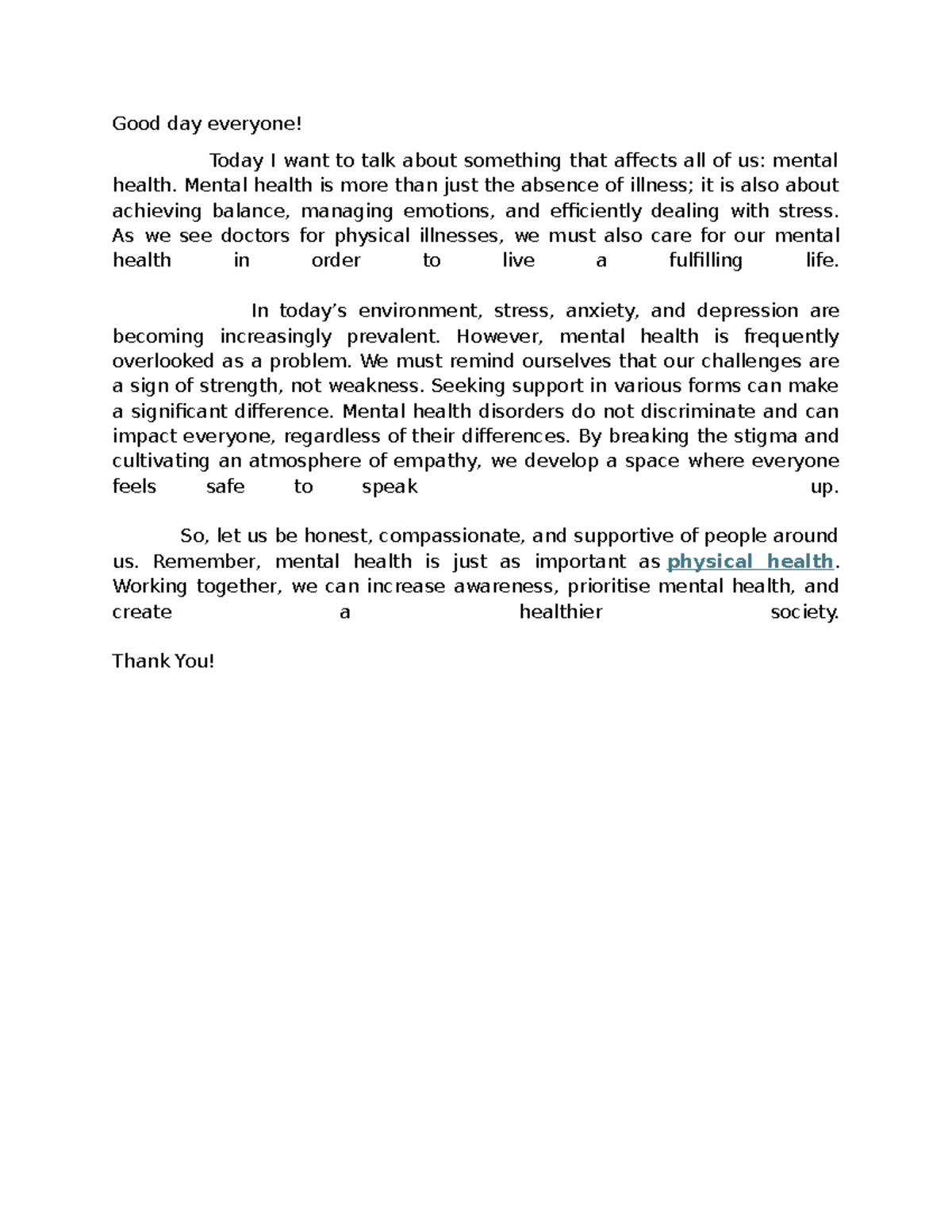 Mental Health Awareness Speech