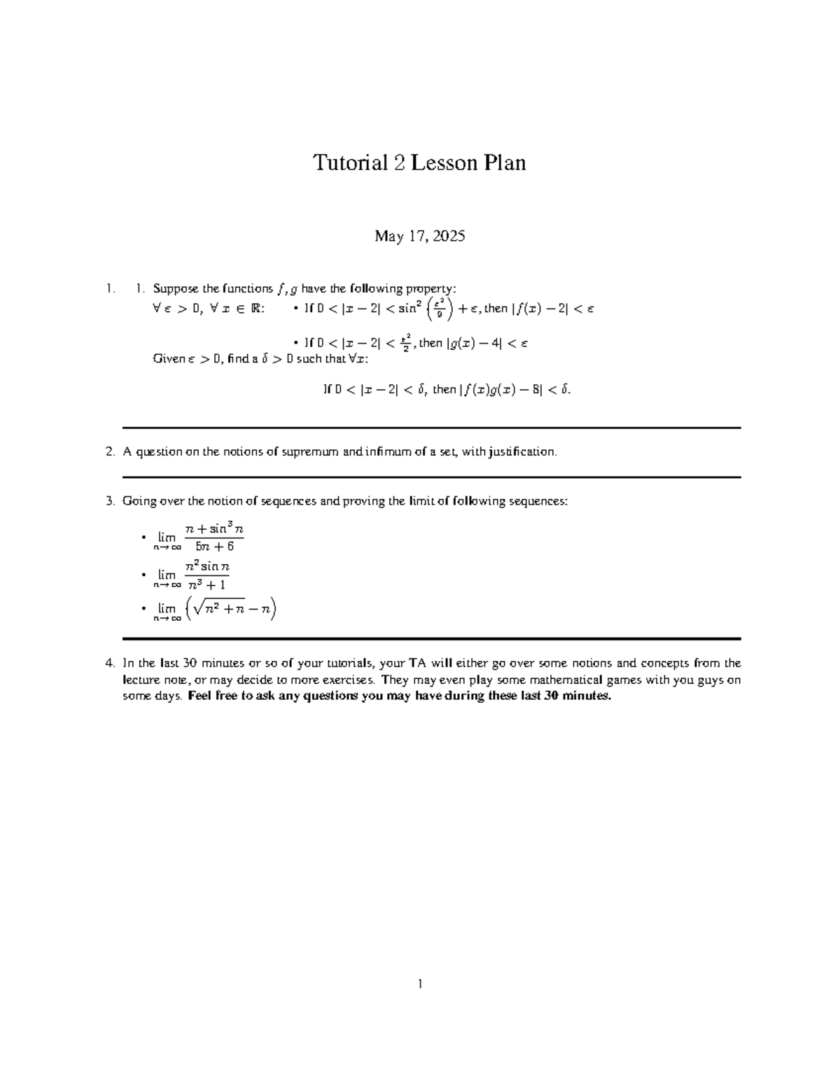 MATH 101 Tutorial 2 Lesson Plan - May 17, 2025 - Studocu