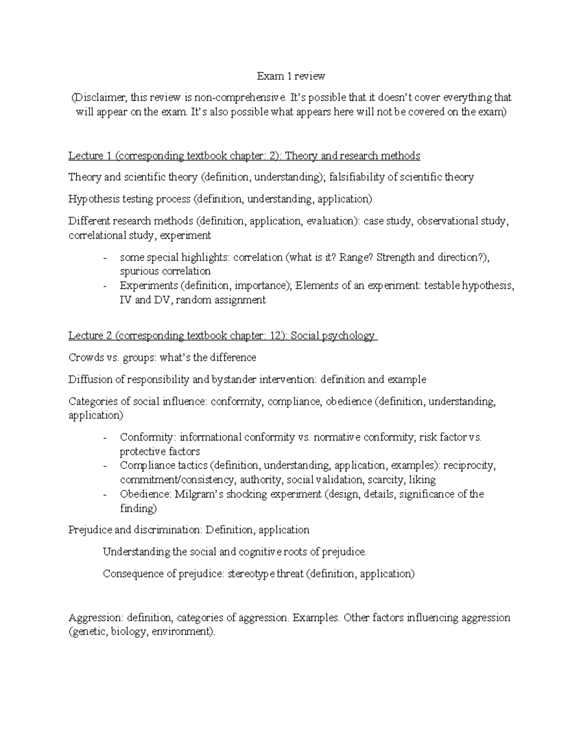 Exam 1 Review: Theory & Social Psychology Concepts - PSY101 - Studocu