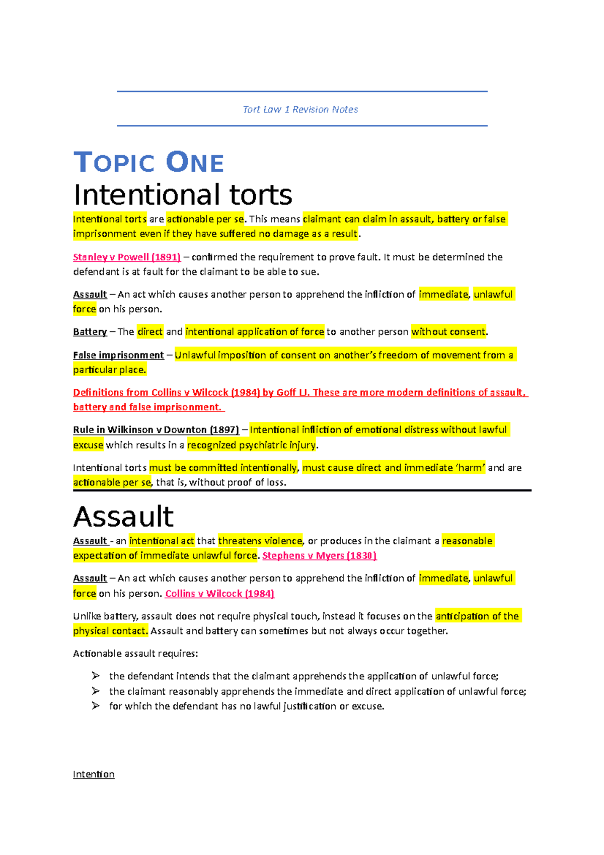 Tort Law 1 Final Exam Revision Notes: Key Topics and Cases - Studocu