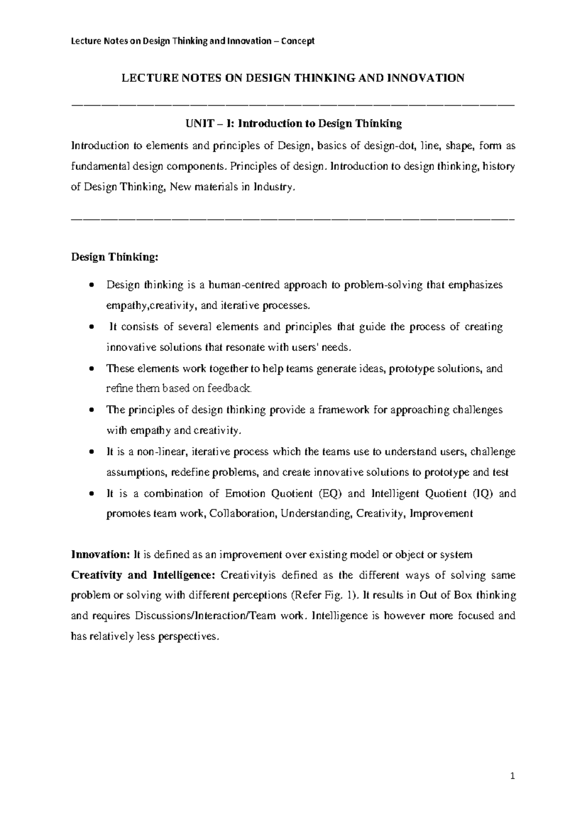 DTI Lecture Notes: Design Thinking & Innovation Concepts - Studocu