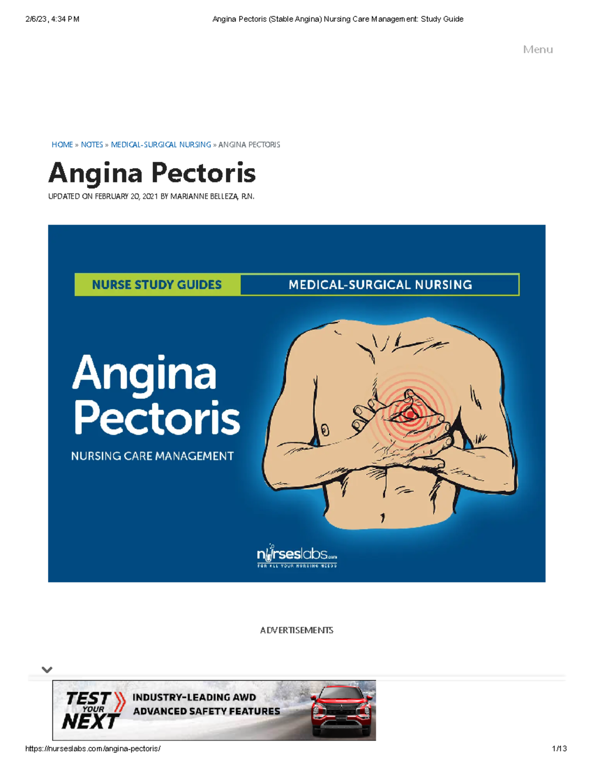 Angina Pectoris (Stable Angina) Nursing Care Management Study Guide ...