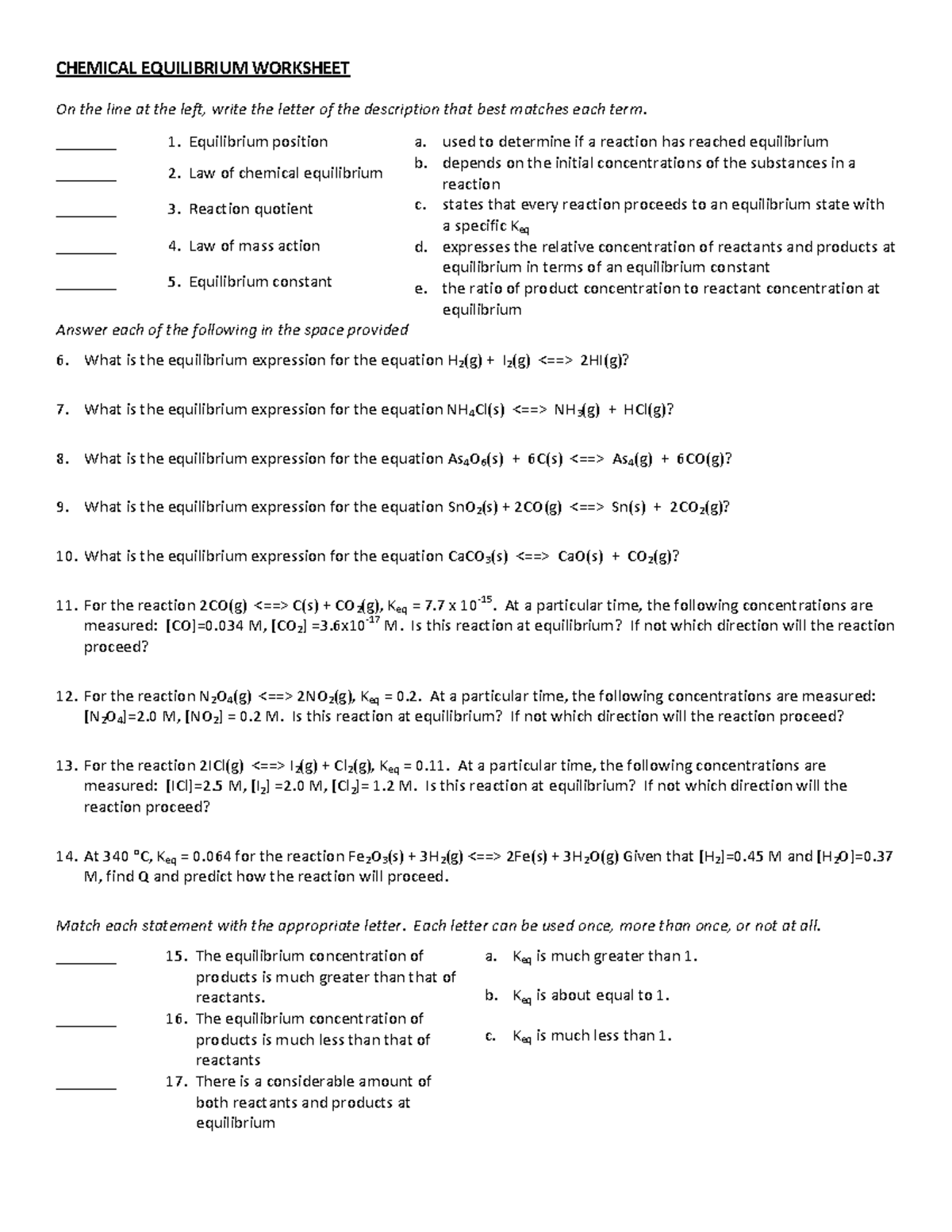 Equilibrum Work Sheet - verry good - CHEMICAL EQUILIBRIUM WORKSHEET On ...