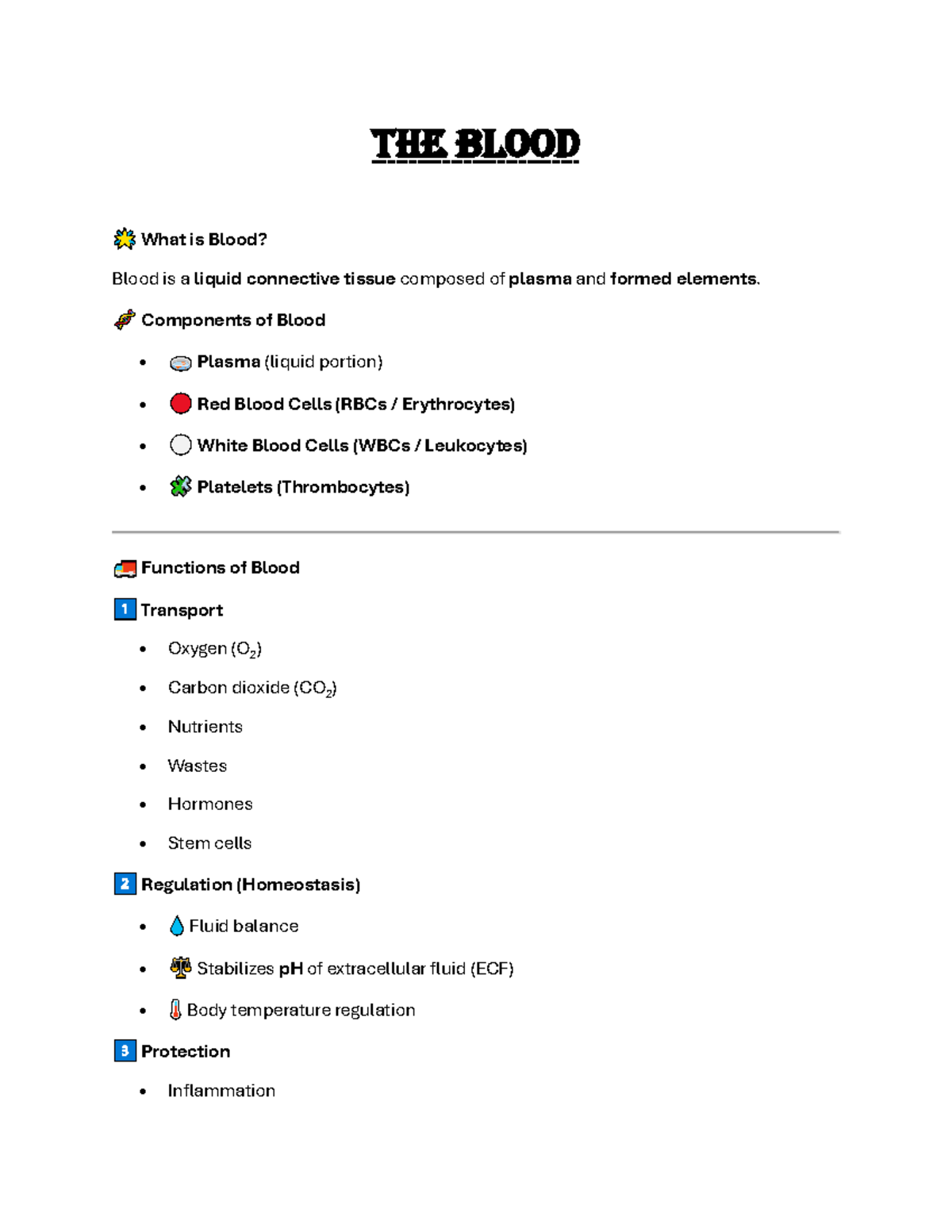 The Blood: Comprehensive Notes on Composition and Functions - Studocu
