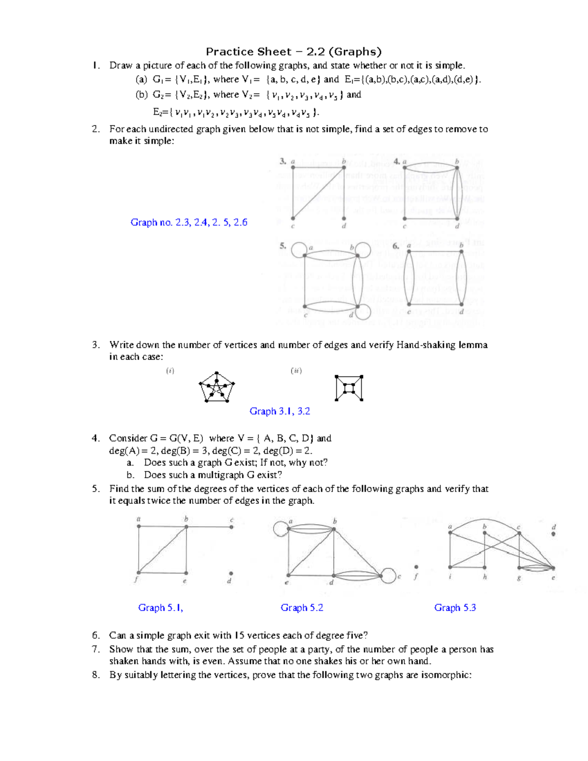Graphs Practice Sheet 2.2: Simple and Isomorphic Graphs Analysis - Studocu