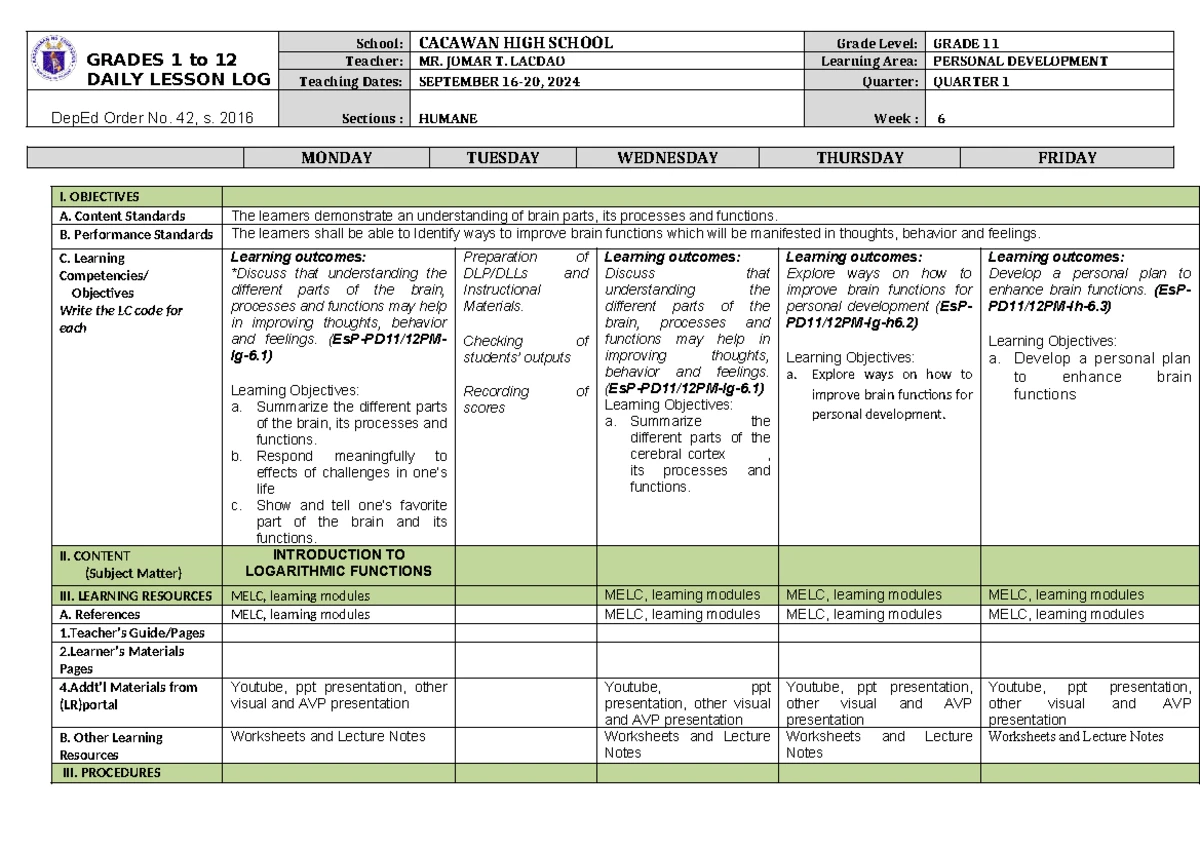 Daily Lesson Log for General Math (Grade 11) | Sept 30 - Oct 4, 2024 ...