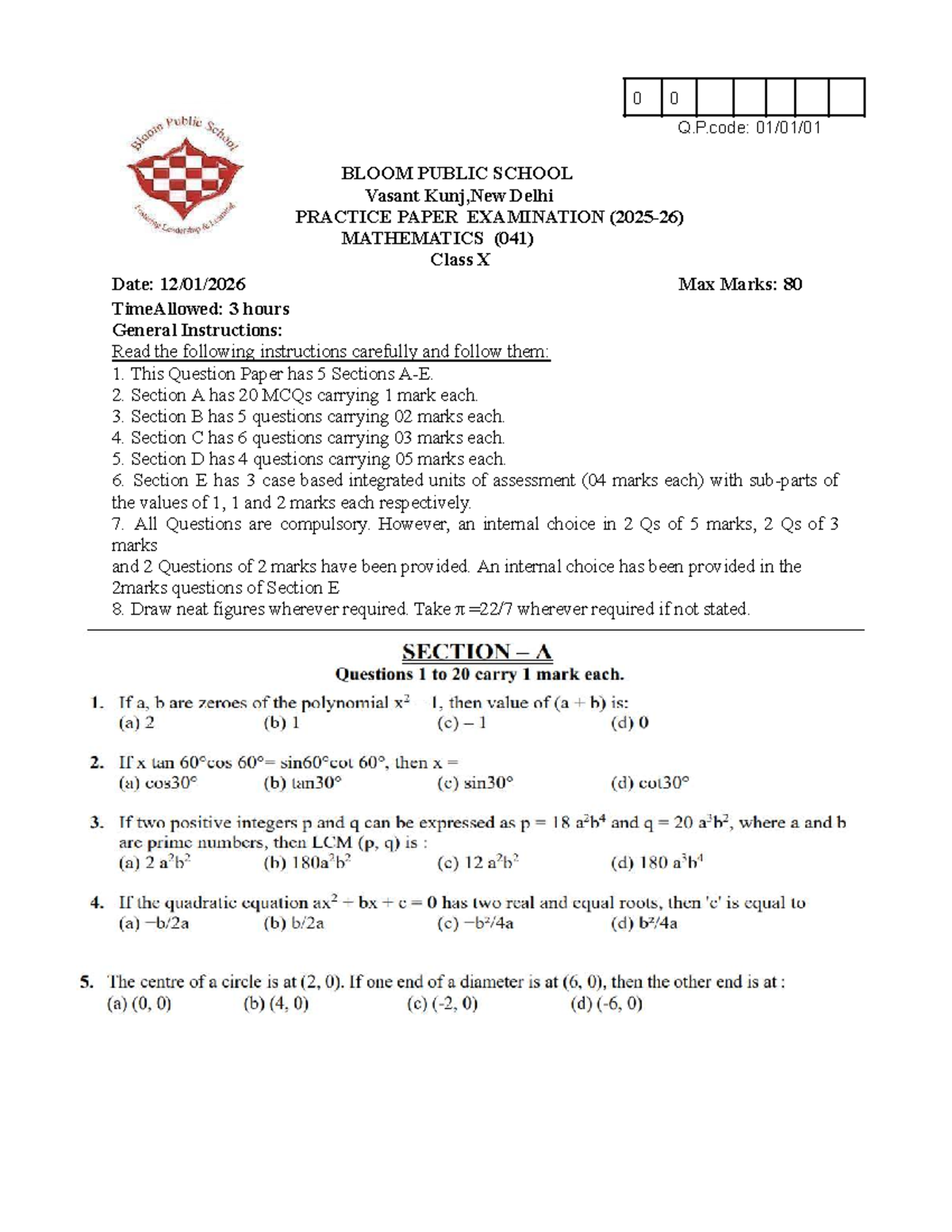 Class X Mathematics Practice Paper (041) 2025-26 - Studocu