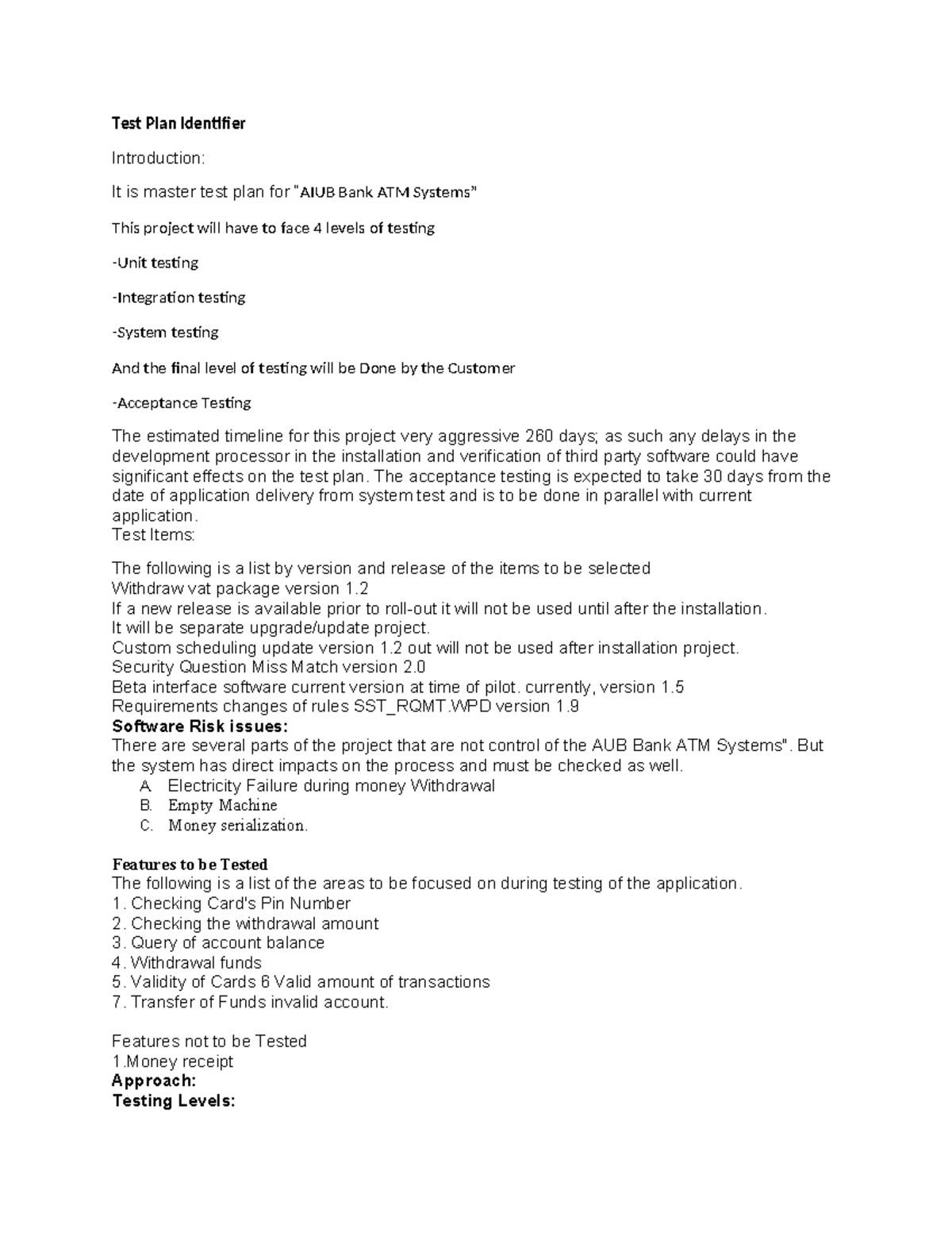 Software Test Plan for AIUB Bank ATM System - Studocu