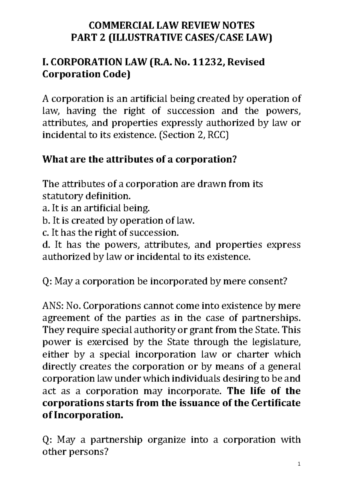 COMMERCIAL LAW REVIEW NOTES PART 2: CORPORATION LAW (2025) - Studocu