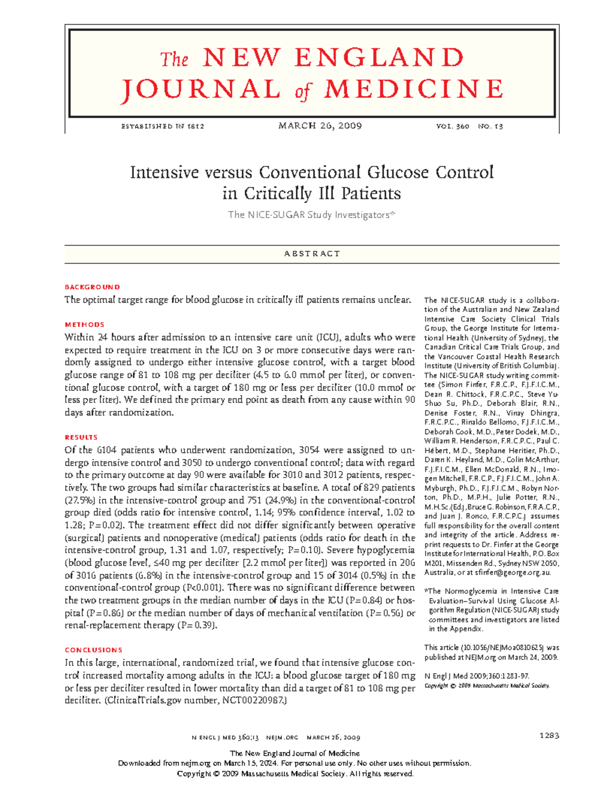 NICE-SUGAR Study: Glucose Control Targets in Critically Ill Patients ...