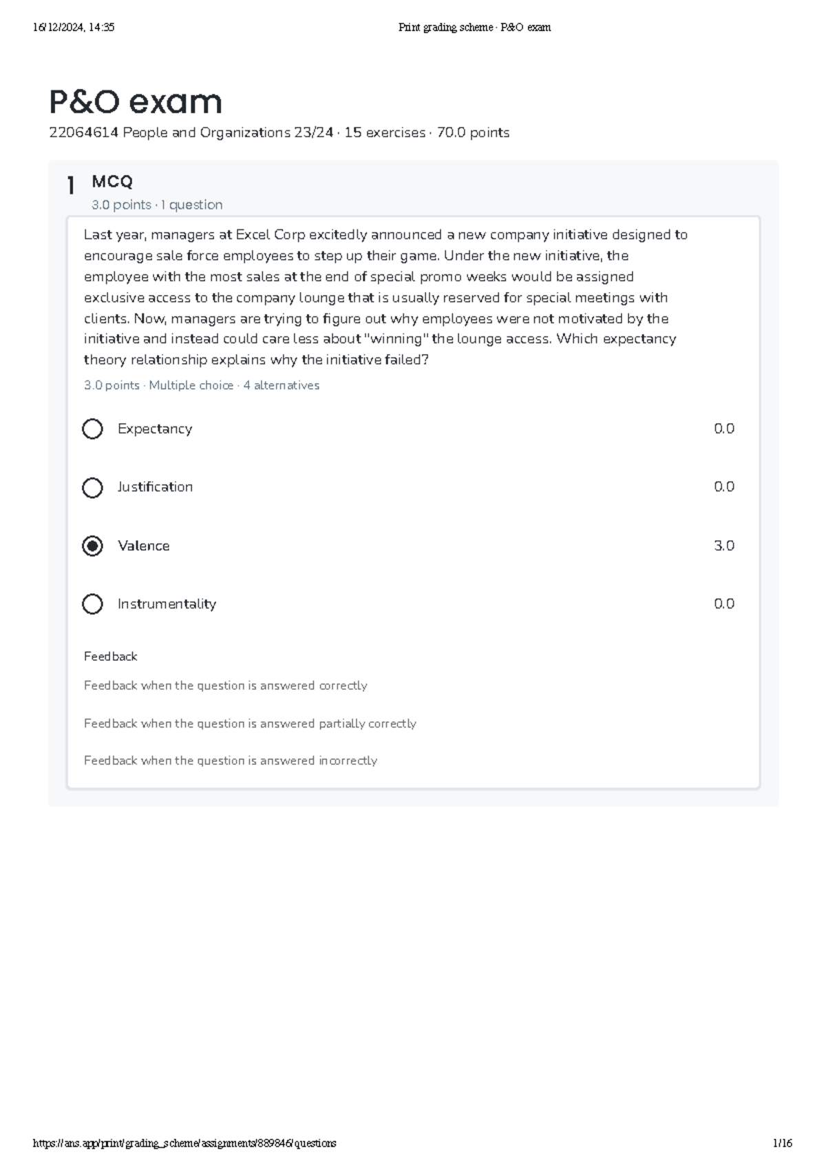 P&O 22064614 Sample Exam with Answers: Grading Scheme & MCQs - Studeersnel