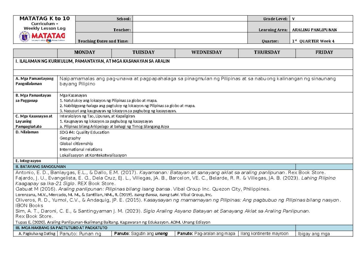 MATATAG K to 10 Curriculum: AP Weekly Lesson Log (1st Quarter, Week 4 ...