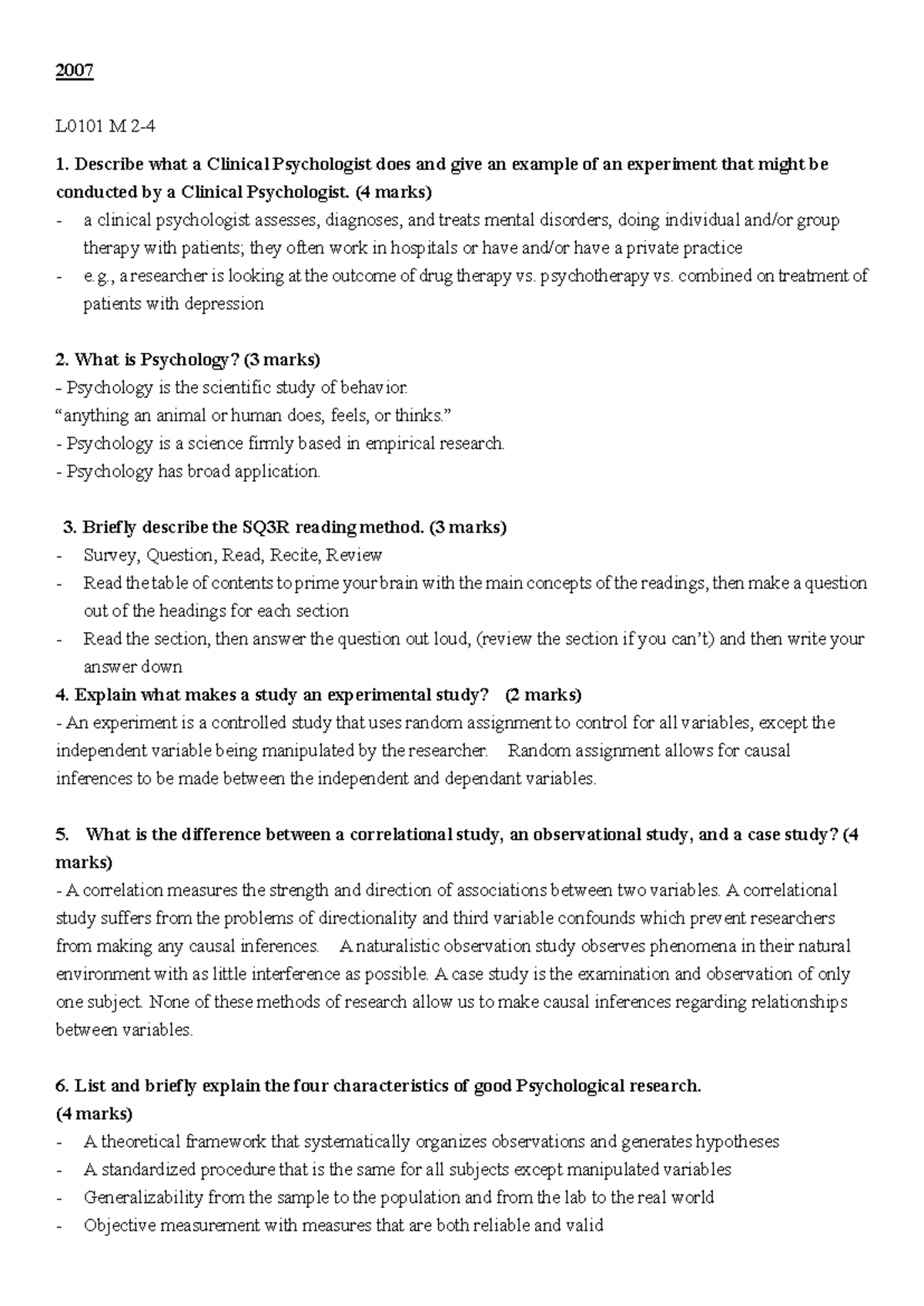 PSY100 Short Answer Test 1 Overview and Key Concepts - Studocu