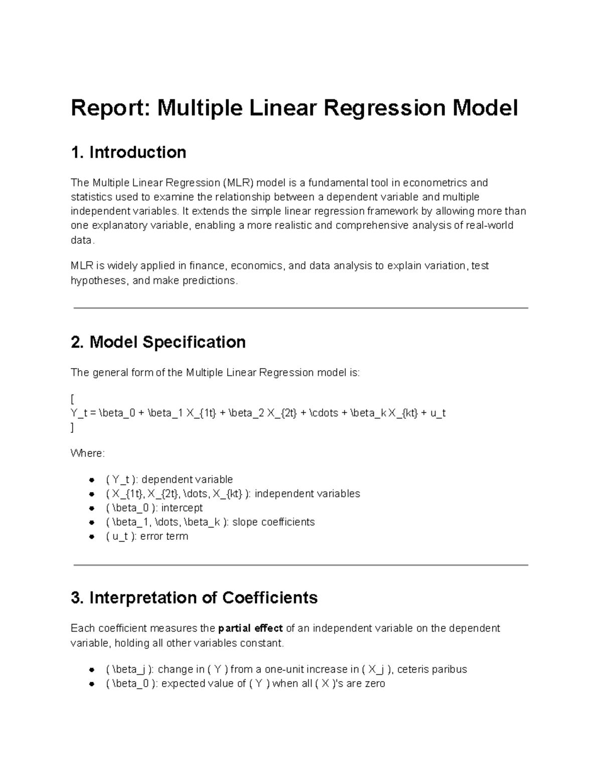Report: MLR Model Analysis and Applications in Econometrics - Studocu