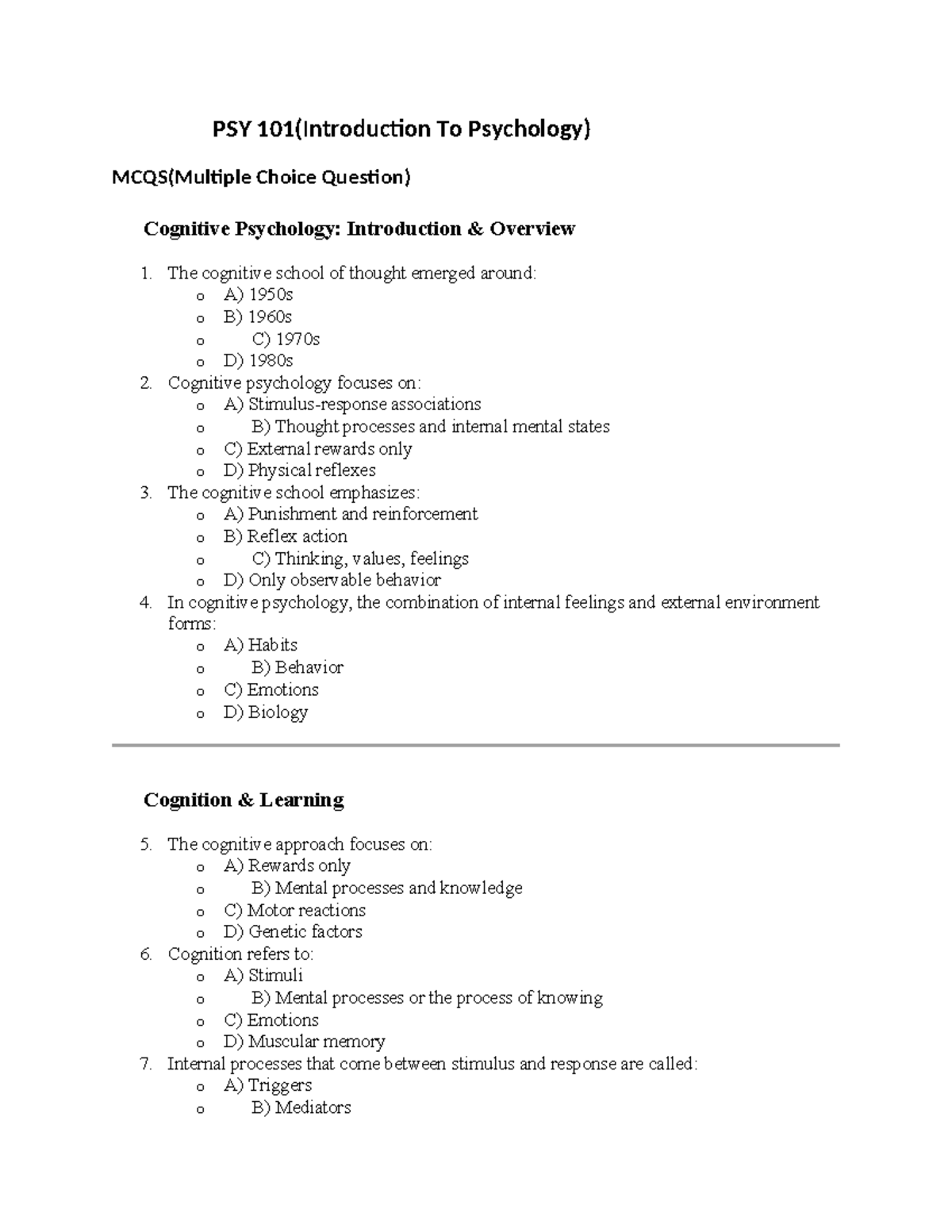 PSY 101 (Lecture 22) - MCQs on Cognitive Psychology Concepts - Studocu