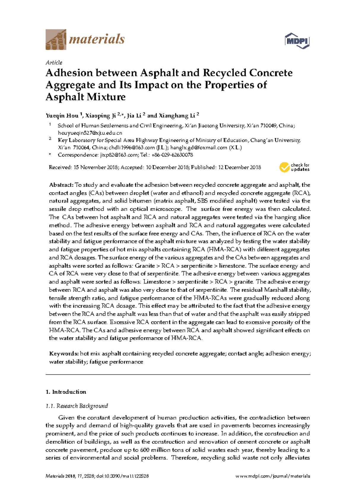 Adhesion of Asphalt to Recycled Concrete Aggregate: Impacts on Mixture ...