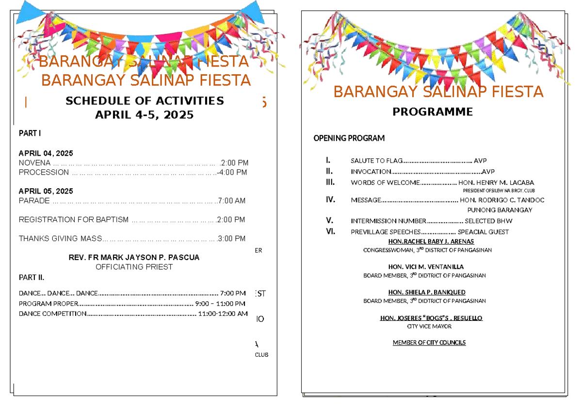 Barangay Salinap Fiesta 2025 schedule of activities - Studocu