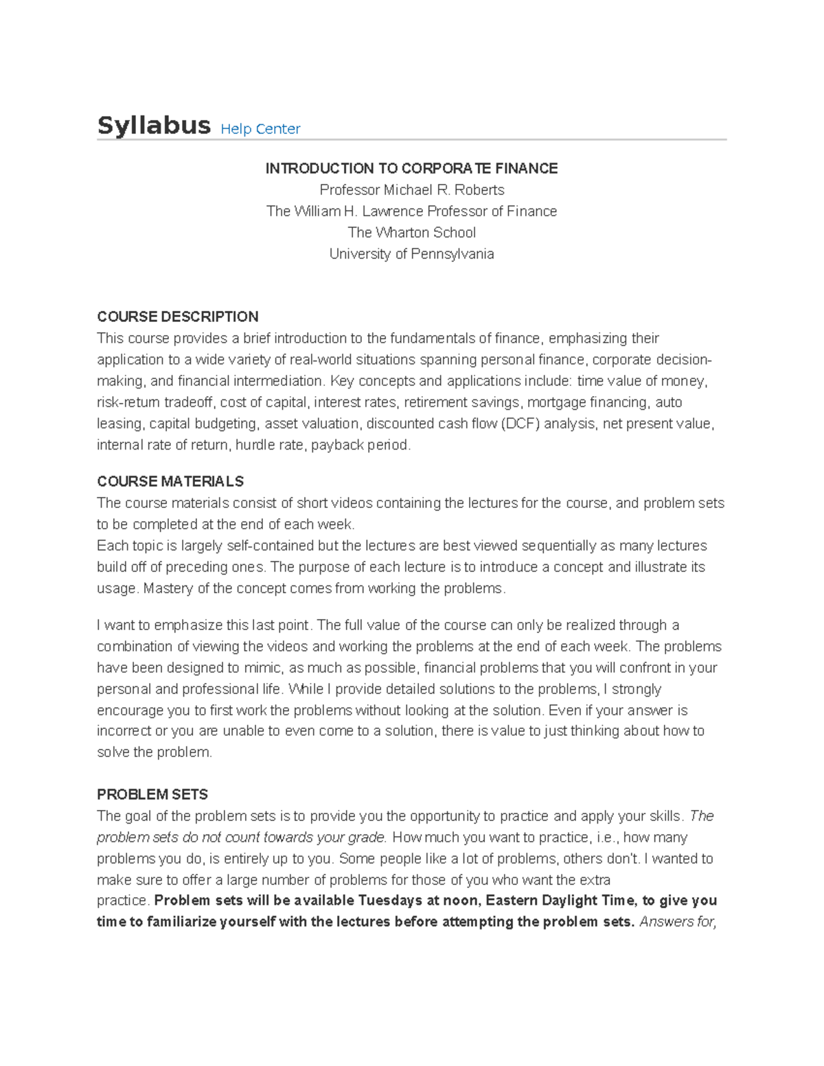 274032513 Syllabus: Intro to Corporate Finance at Wharton - Studocu
