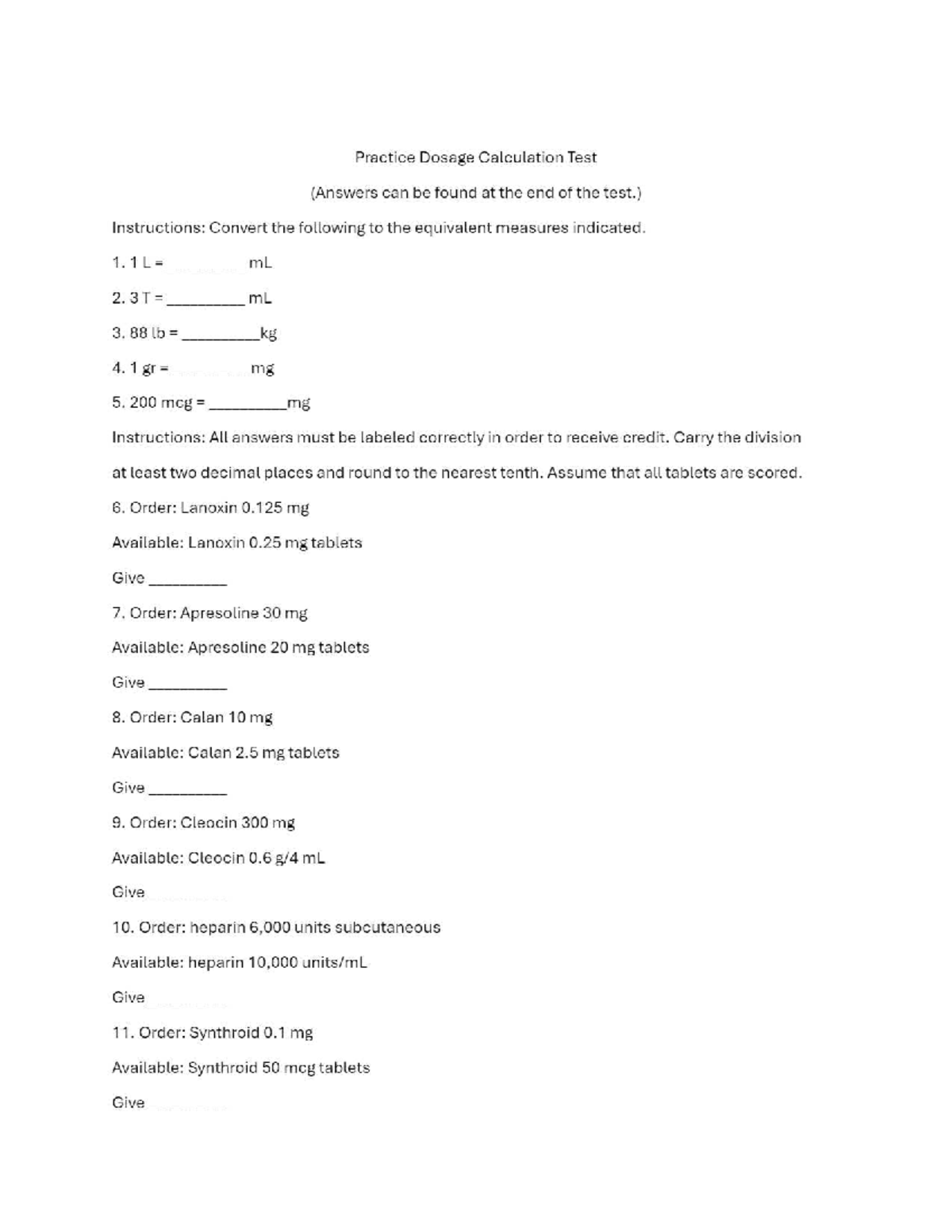Practice Dosage Calculation Test V1 2024SU RNSG 1008 - Studocu