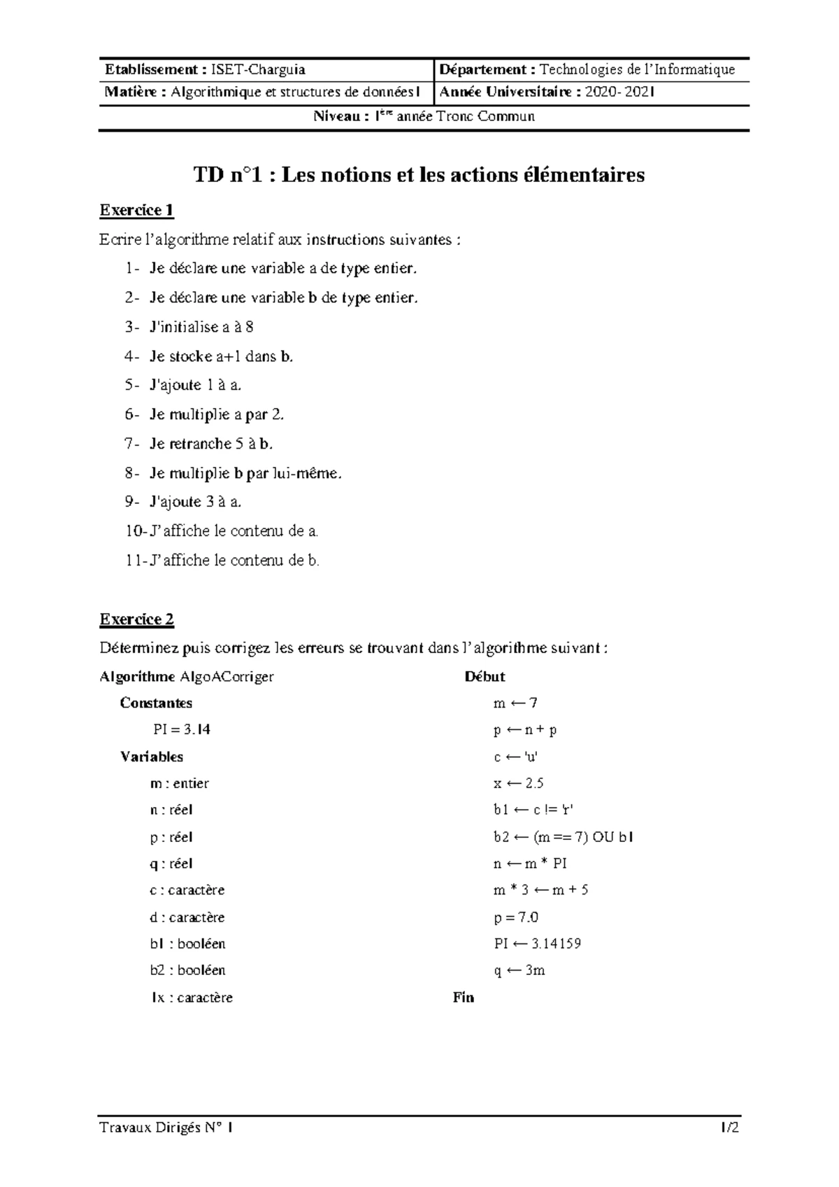 Algorithmes et Exercices de Programmation - Cours N O .T E S - Studocu