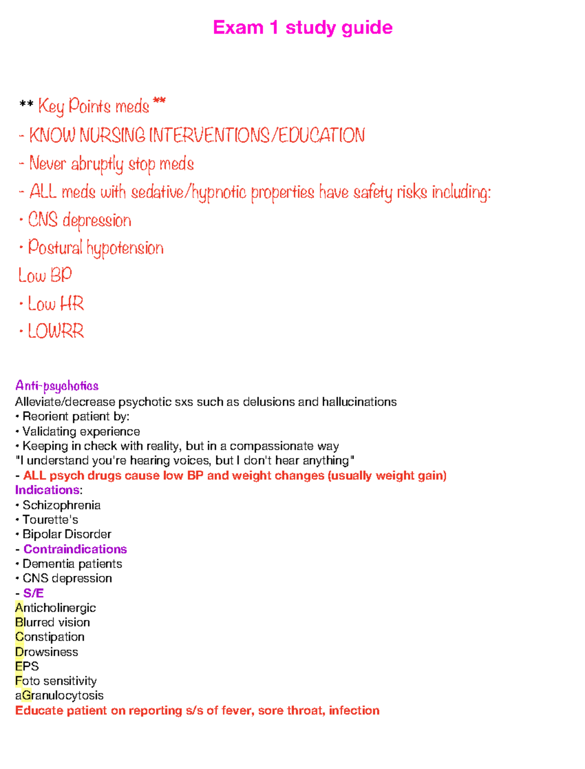 Exam 1 Study Guide: Key Points on Medications and Safety Risks - Studocu