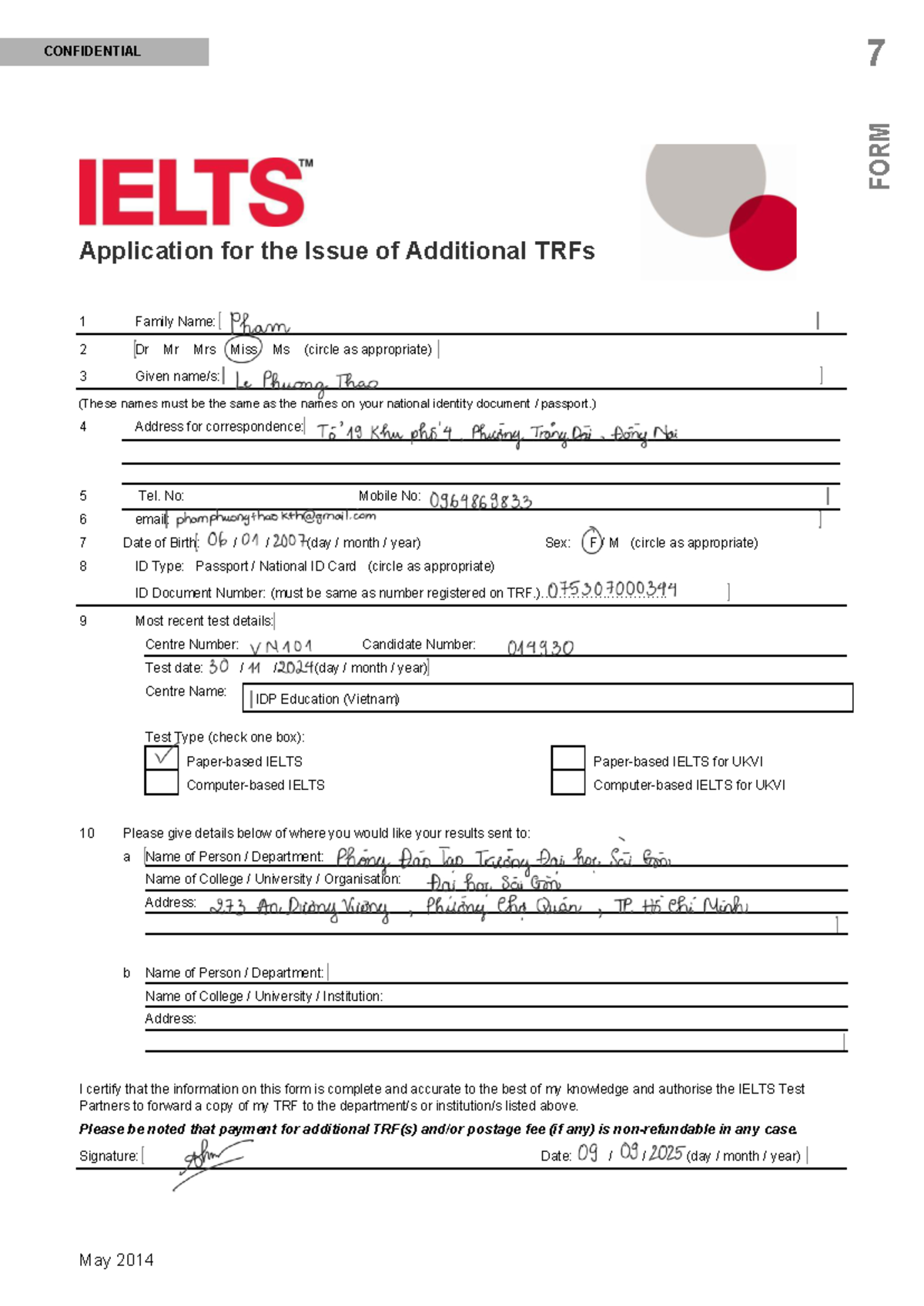 Application for Additional TRFs - IELTS Form 7 CONFIDENTIAL - Studocu