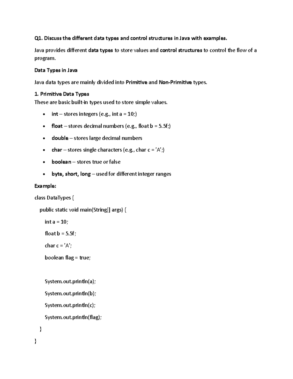 Java Data Types, Control Structures, and Exception Handling - 7 Marker ...