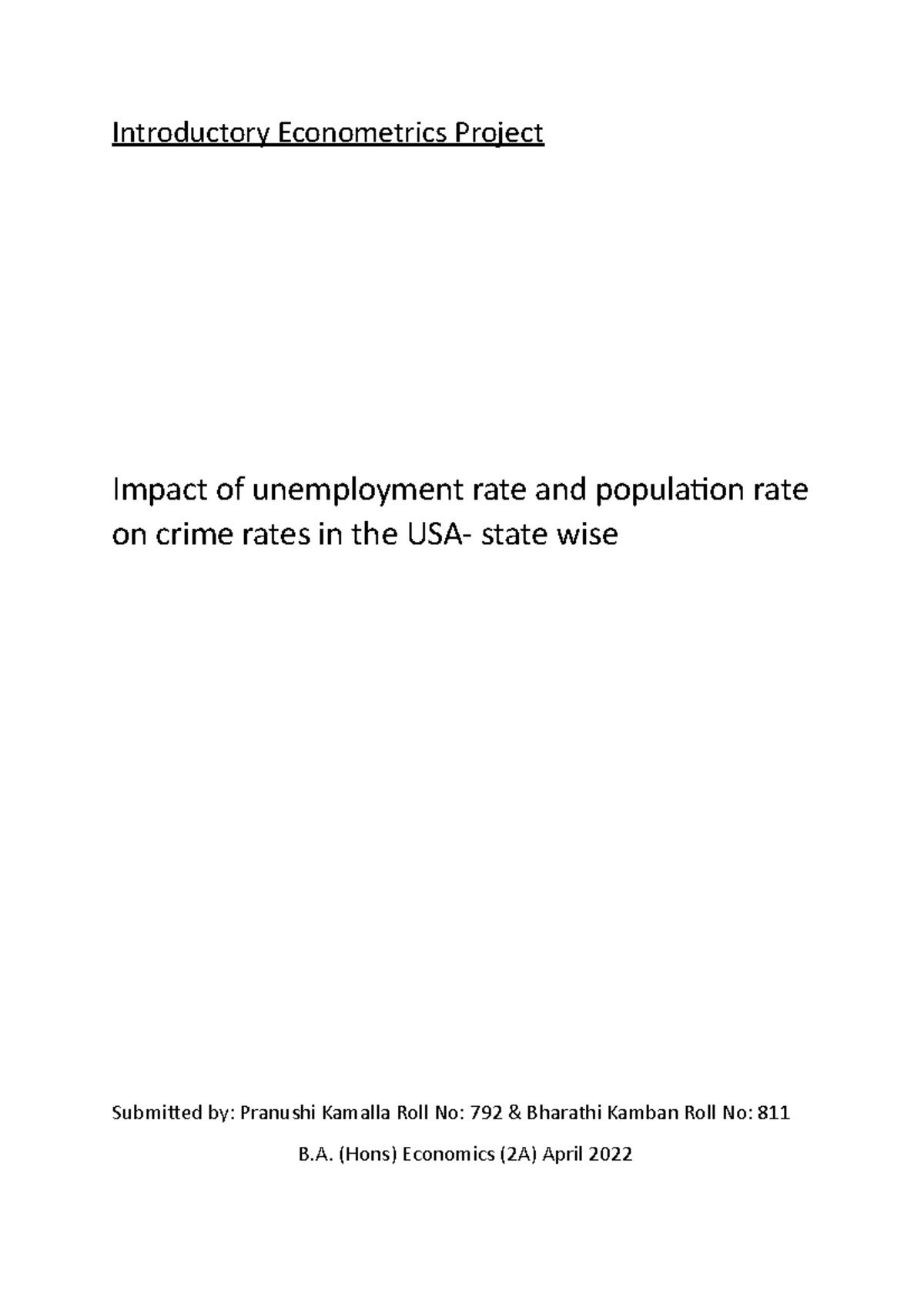 **Econometrics Project: Impact of Unemployment & Population on Crime ...