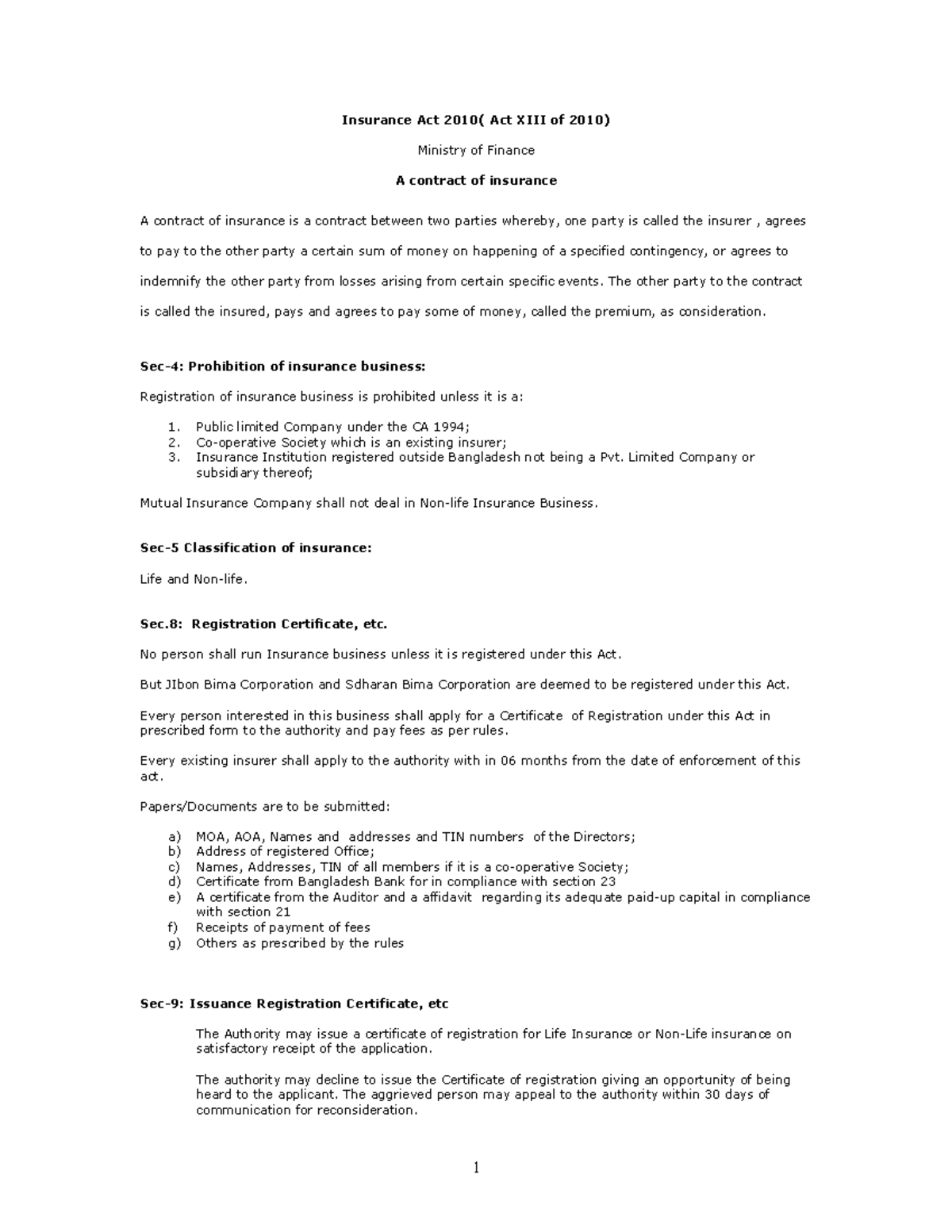 Insurance Act 2010 Summary: Key Provisions and Regulations - Studocu