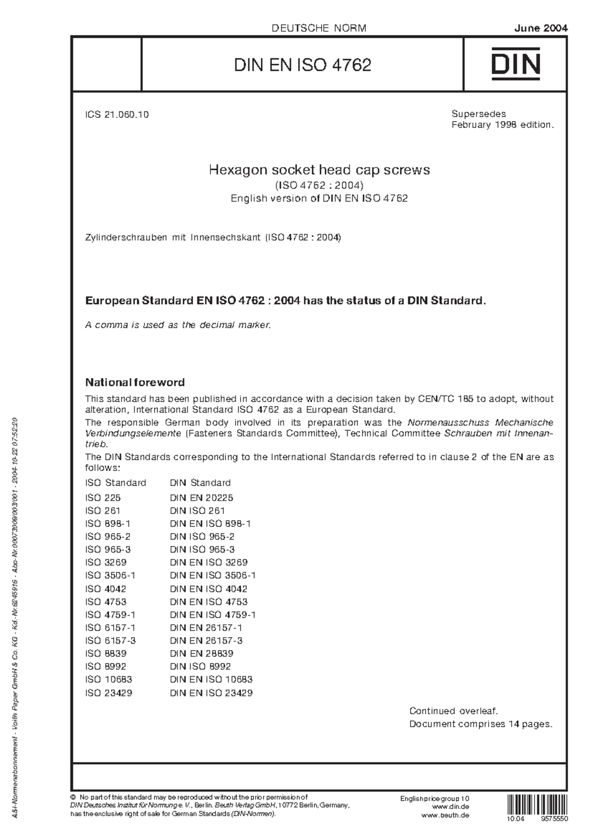 ISO 4762:2004 - European Standard for Hexagon Socket Head Cap Screws ...