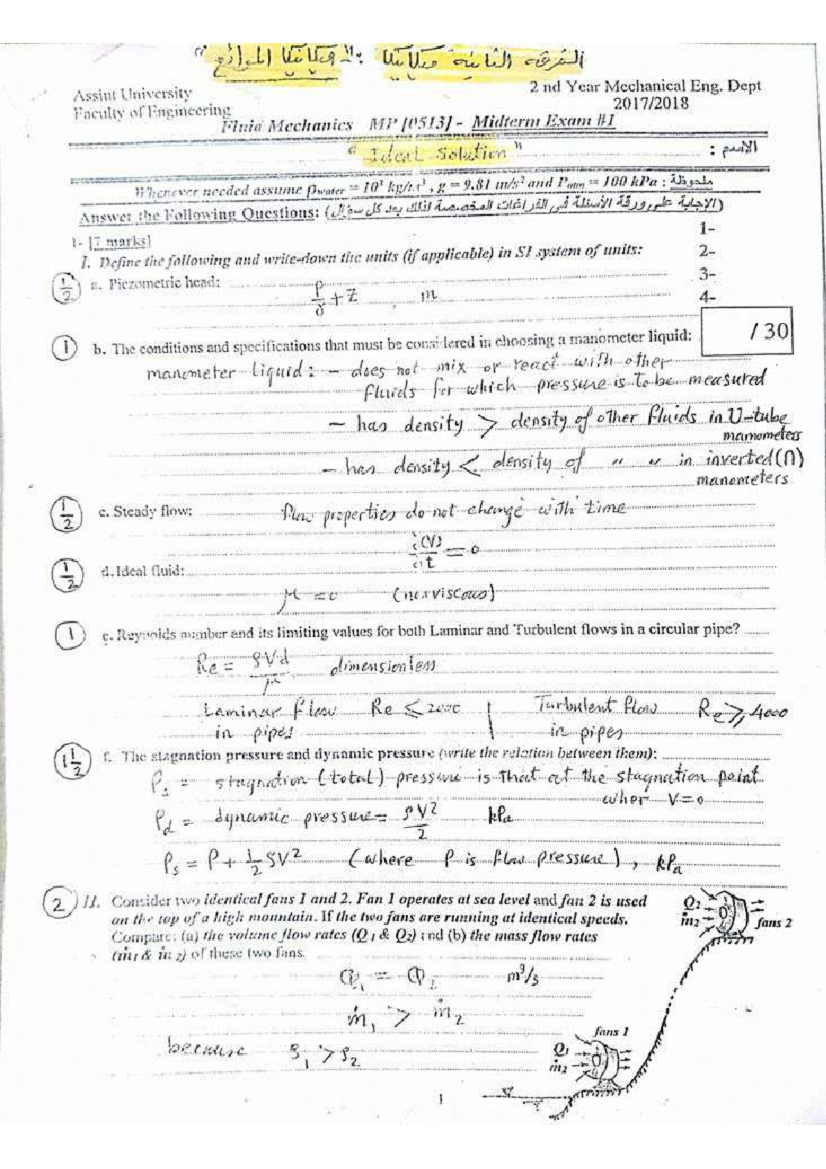 ME 2018 Midterm Exam Solutions: Fluid Mechanics MP - Studocu