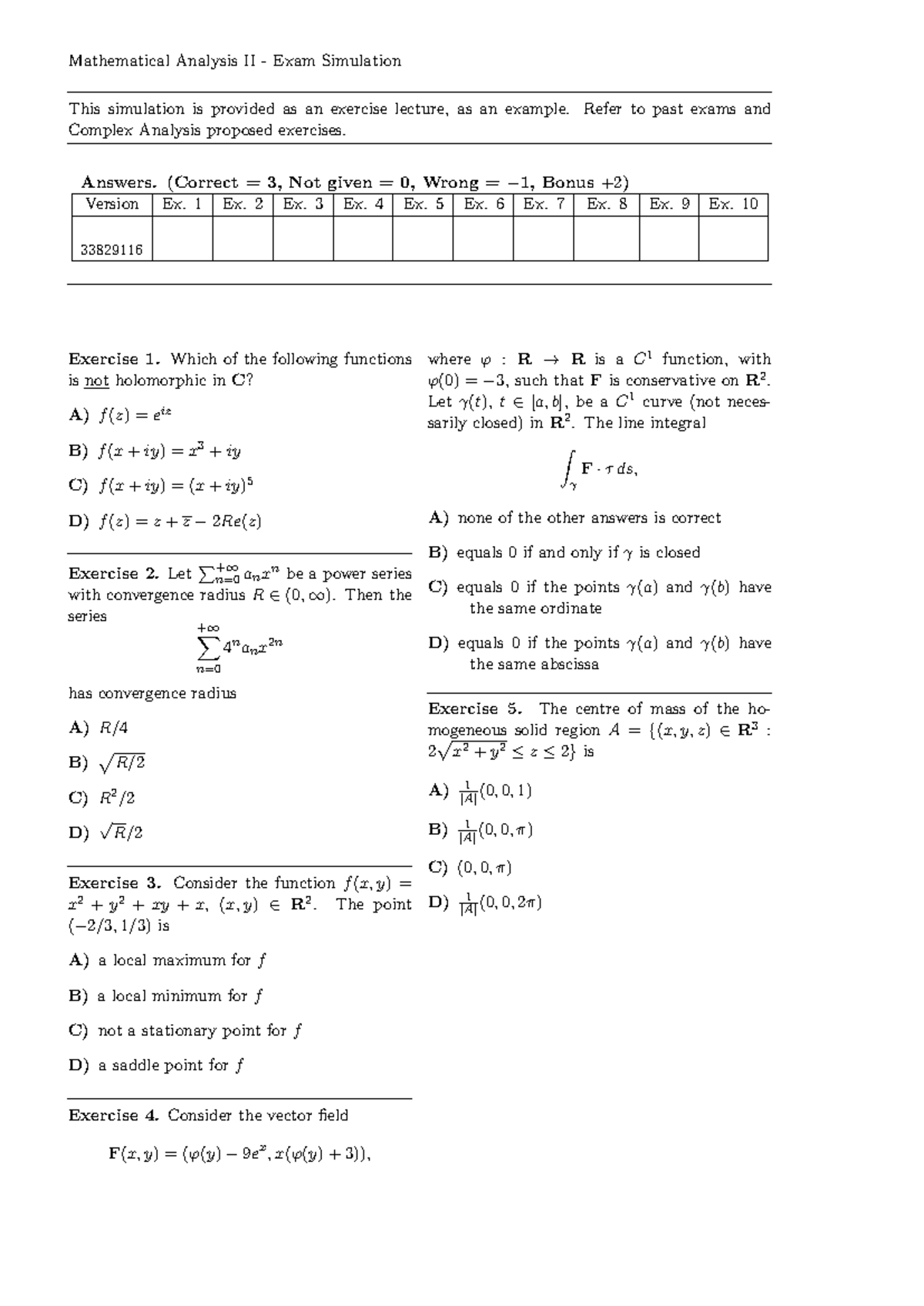 25 - Exam simulation 24-25 - Mathematical Analysis II - Exam Simulation ...
