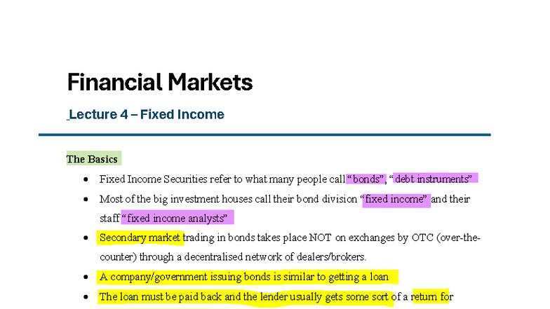 Financial Markets L4 - Fixed Income Basics and Key Concepts - Studocu