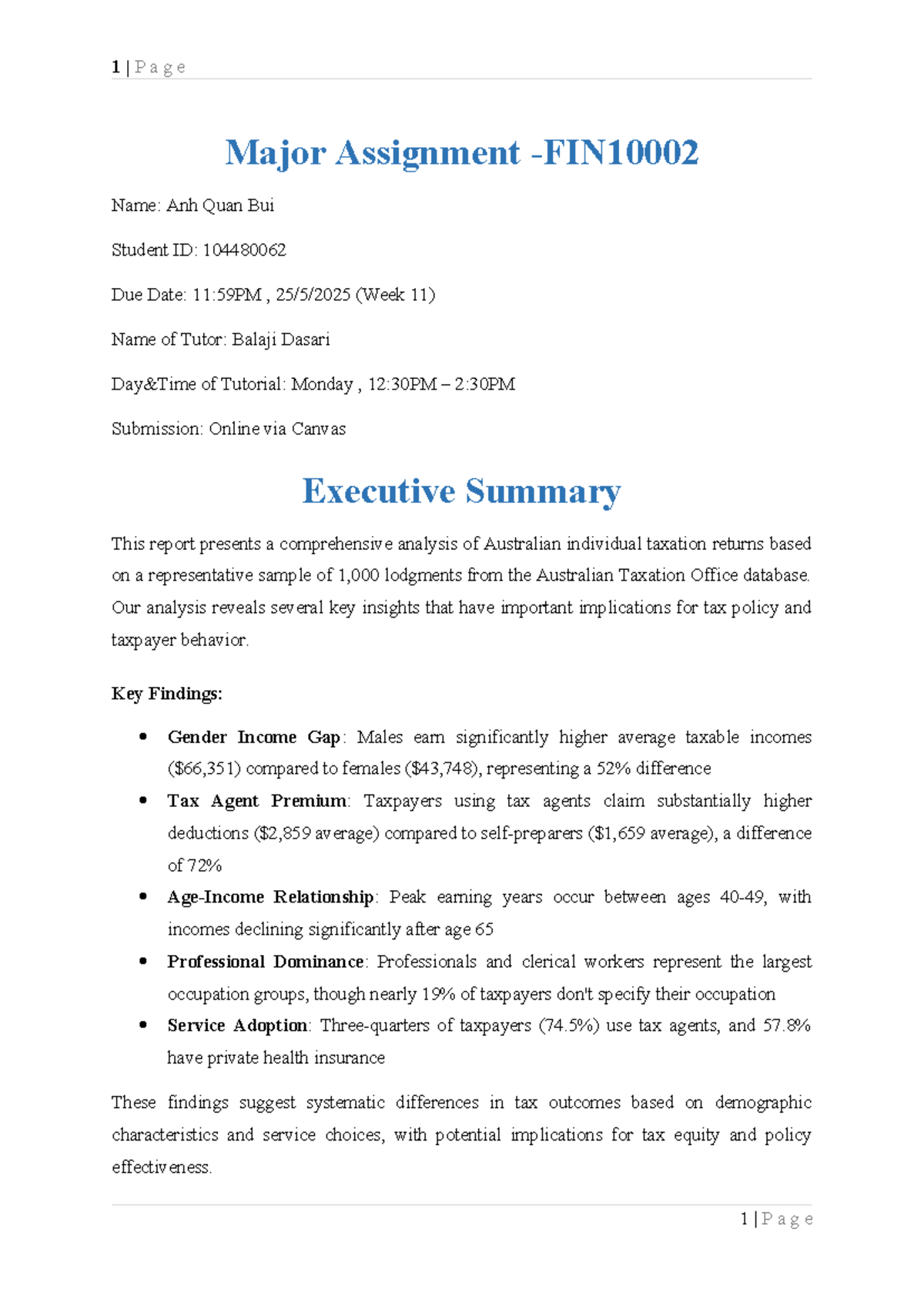 Major Assignment: Analysis of Australian Taxation Returns (Course Code ...