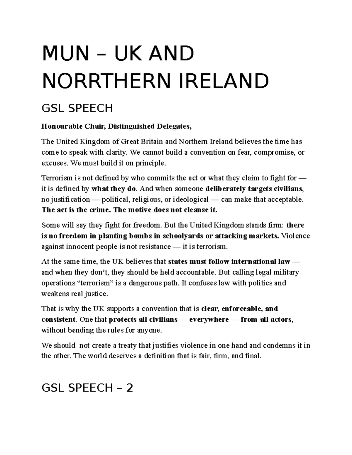 MUN GSL Speech: UK & Northern Ireland on Terrorism Definition - Studocu