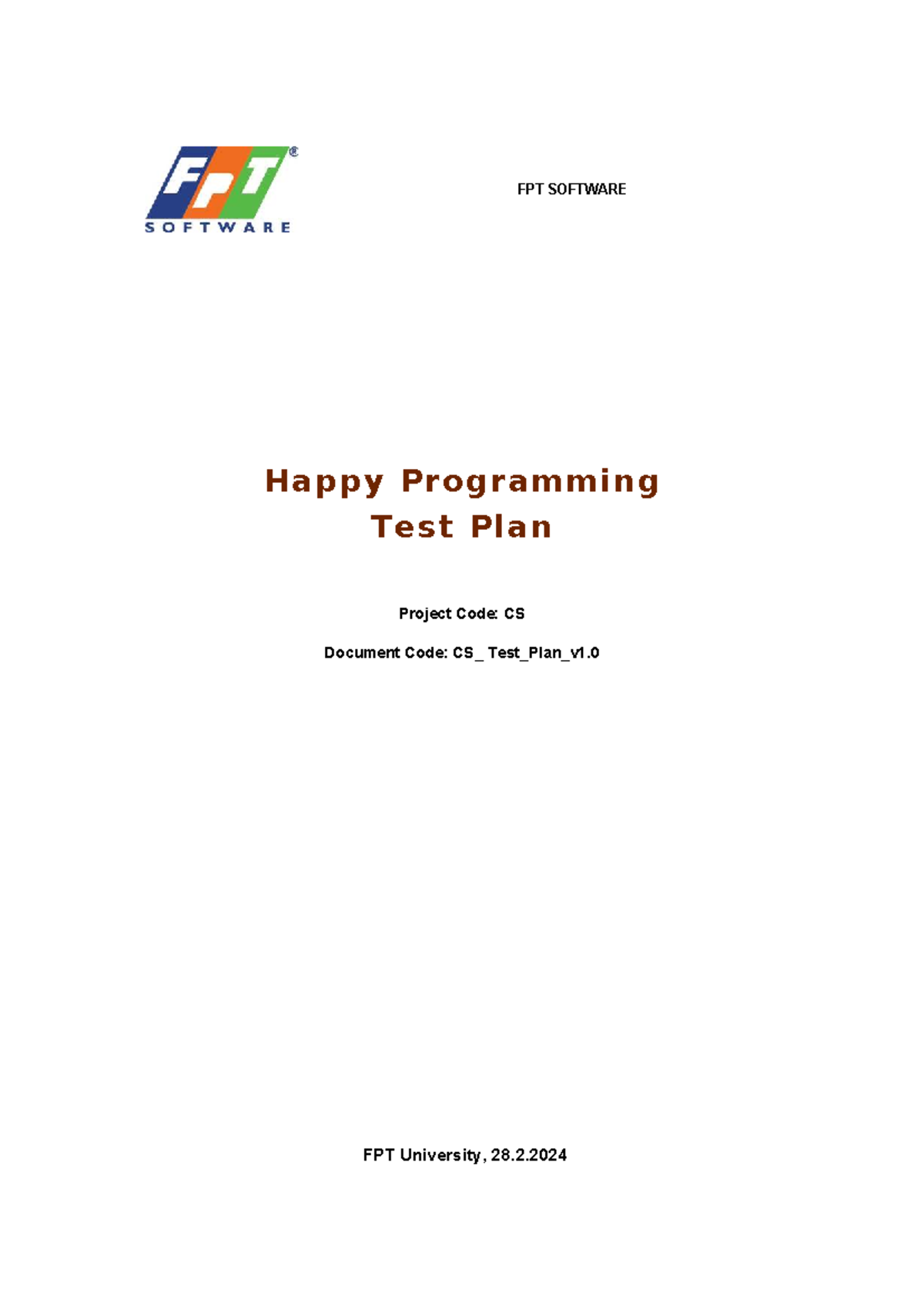 FPT SOFTWARE CS Test Plan for Happy Programming Project - Studocu