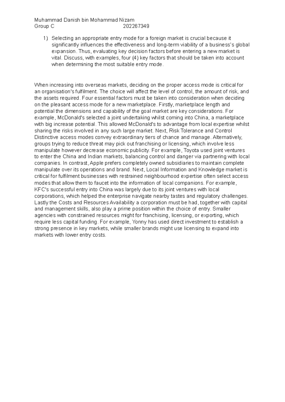 QUIZ MGT361 - Key Factors for Foreign Market Entry Modes - Studocu