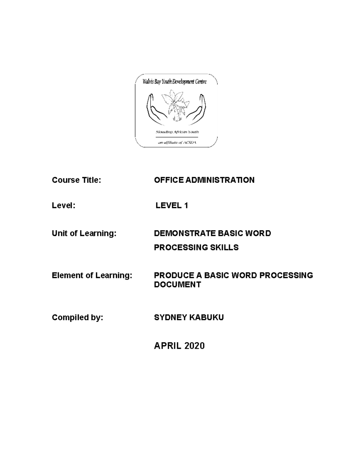 Office Admin Level 1: Basic Word Processing Skills Tutorial Letter ...