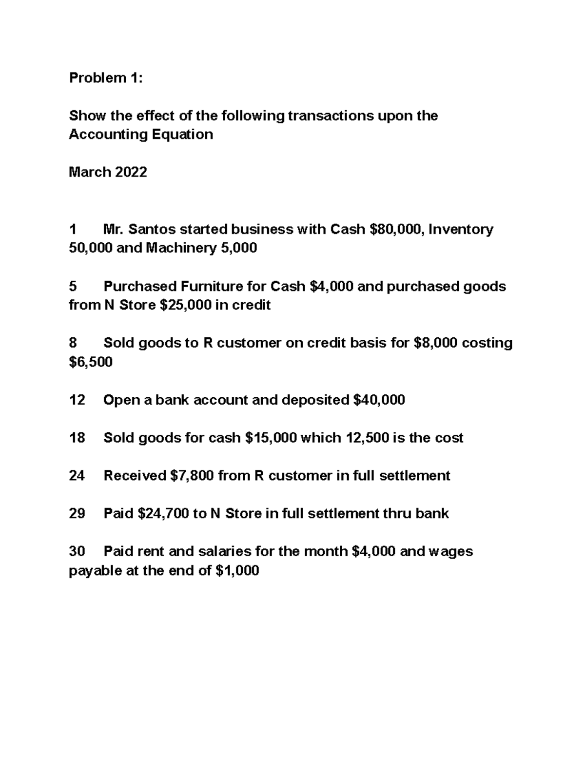 Basic Accounting Problems: Transactions & Effects on Equation - Studocu