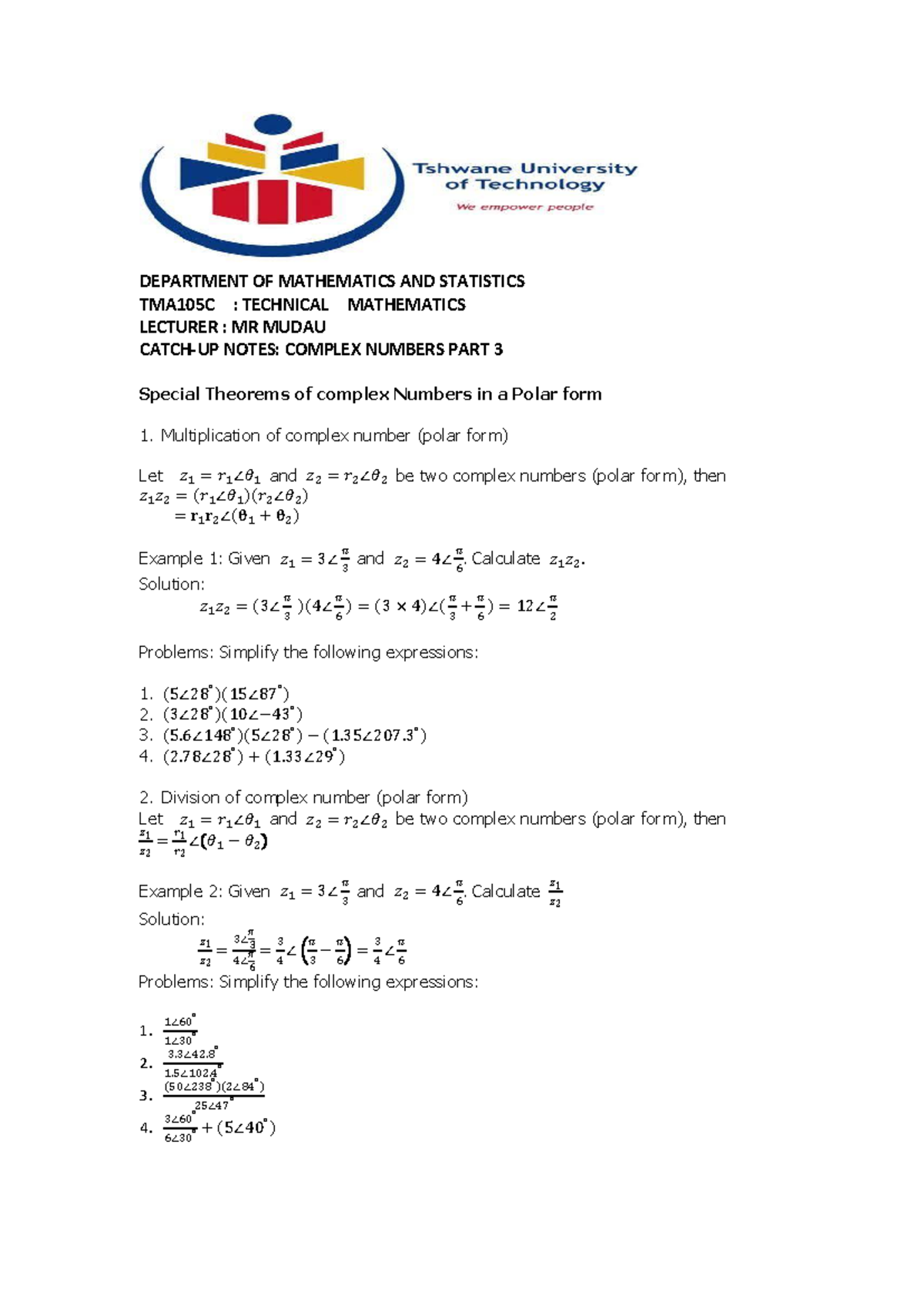 TMA105C: Technical Mathematics - Complex Numbers Part 3 Notes - Studocu