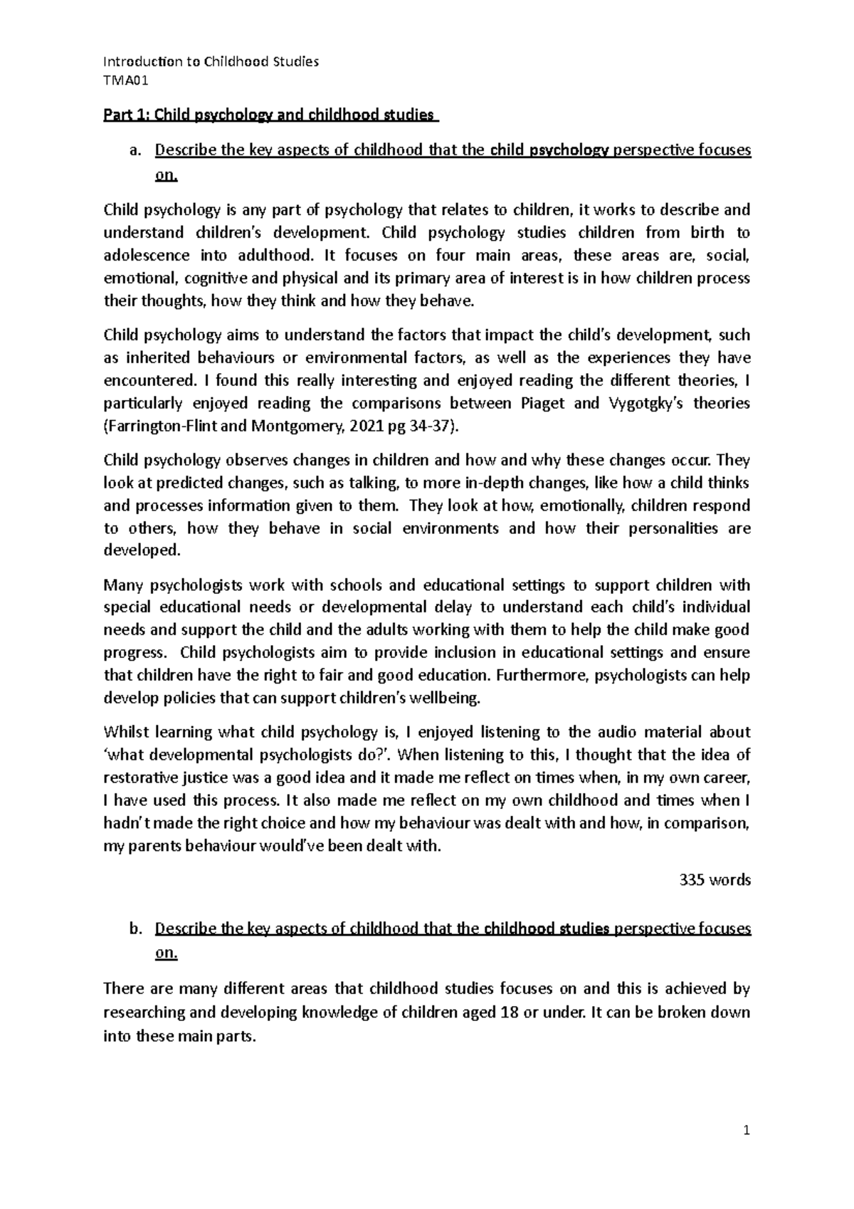 TMA01 - Key Aspects of Child Psychology & Childhood Studies - Studocu