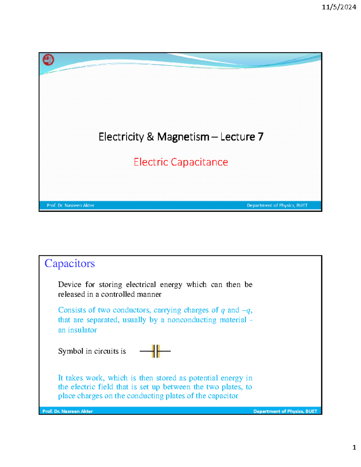 Lecture 7 - EWRE: Electric Capacitance and Capacitors Explained - Studocu