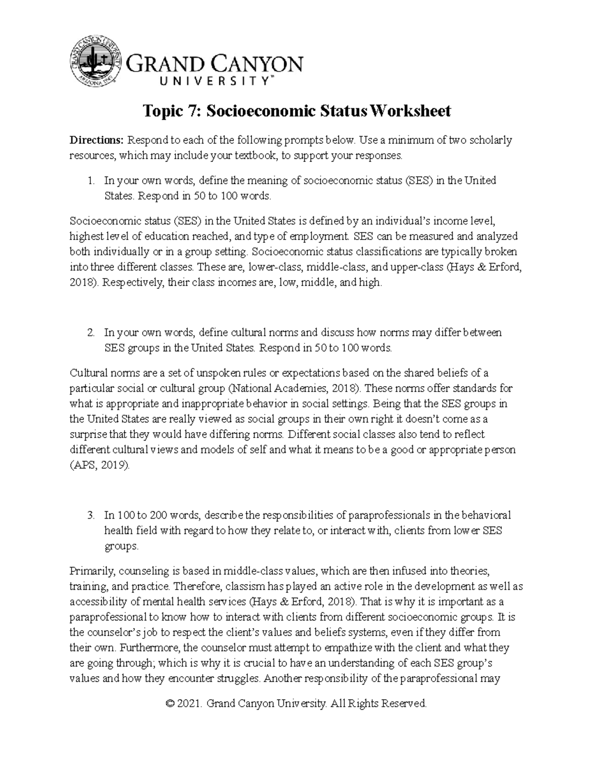 BHS-330-RS-T7-Socioeconomic Status Worksheet Overview - Studocu